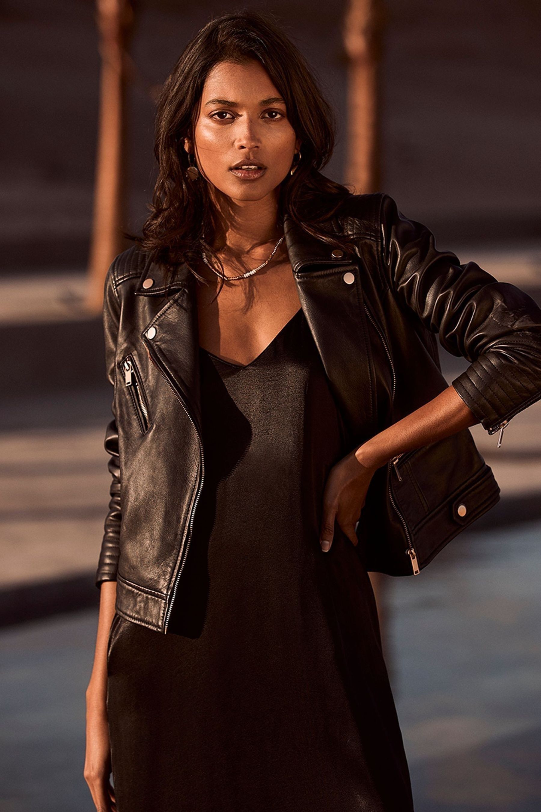 Black dress with leather jacket best sale