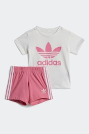 adidas Originals White/Pink T-Shirt and Shorts Set - Image 1 of 7