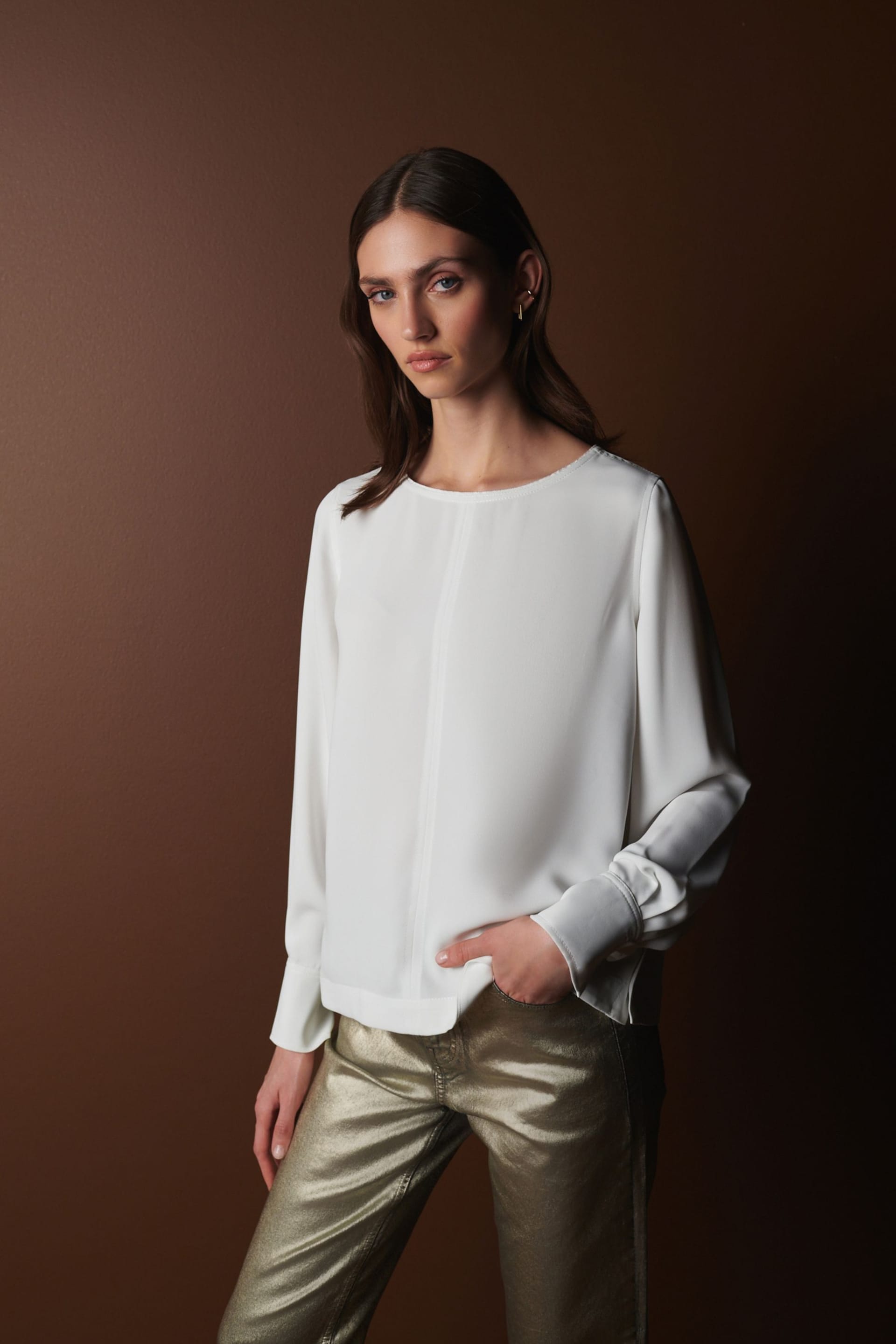Ecru White Premium Lightweight Long Sleeve Blouse - Image 1 of 7