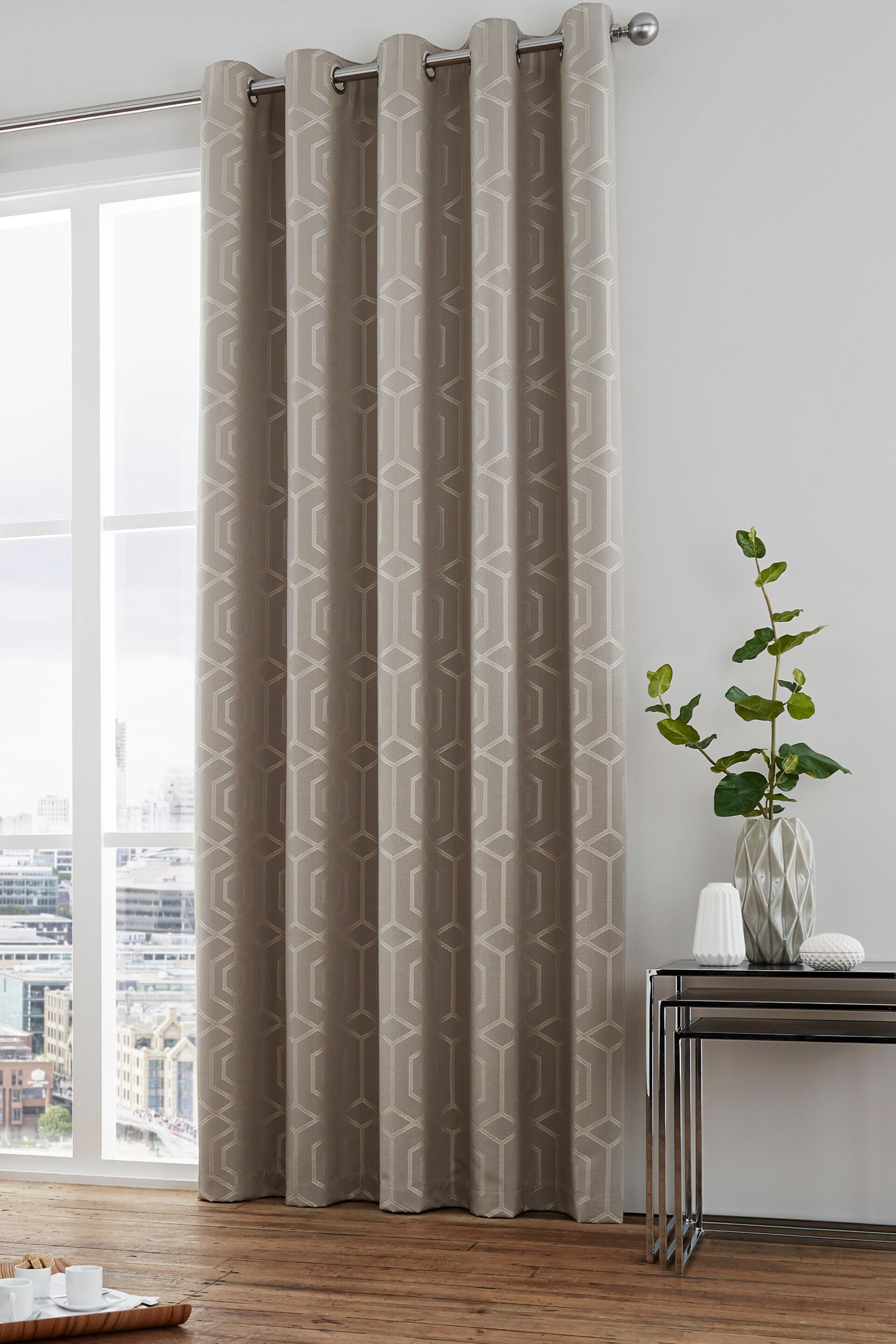 Curtina Stone Natural Camberwell Geo Lined Eyelet Curtains - Image 1 of 3