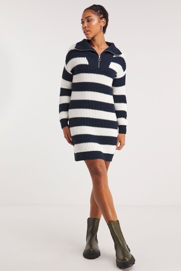 Simply Be Blue Stripe Zip Neck Rib Knitted Dress