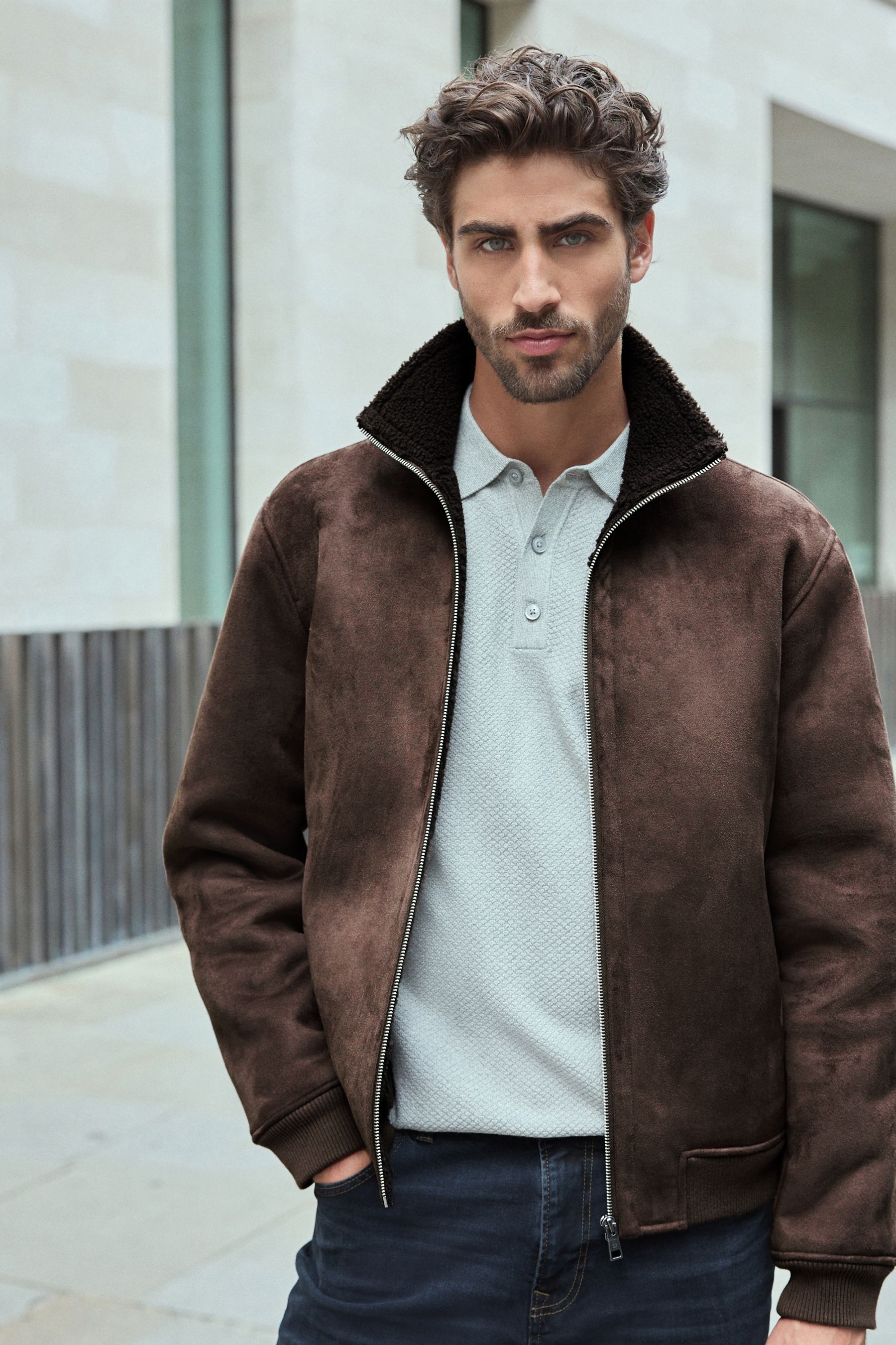 Buy Brown Faux Suede Borg Lined Zip Up Funnel Jacket from Next Oman