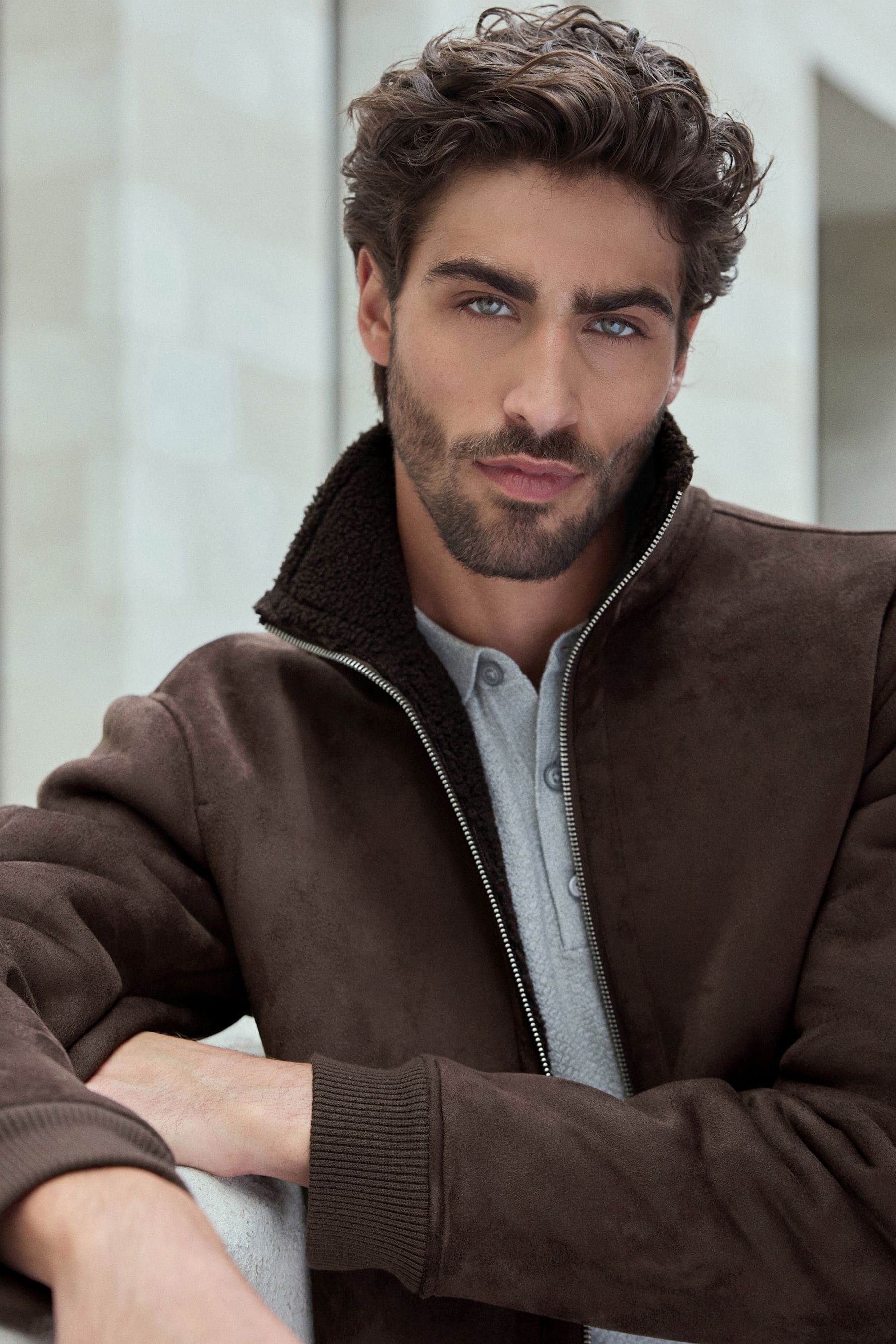 Buy Brown Faux Suede Borg Lined Zip Up Funnel Jacket from Next Oman