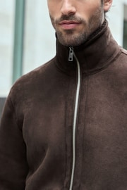 Brown Faux Suede Borg Lined Zip Up Funnel Jacket - Image 5 of 11