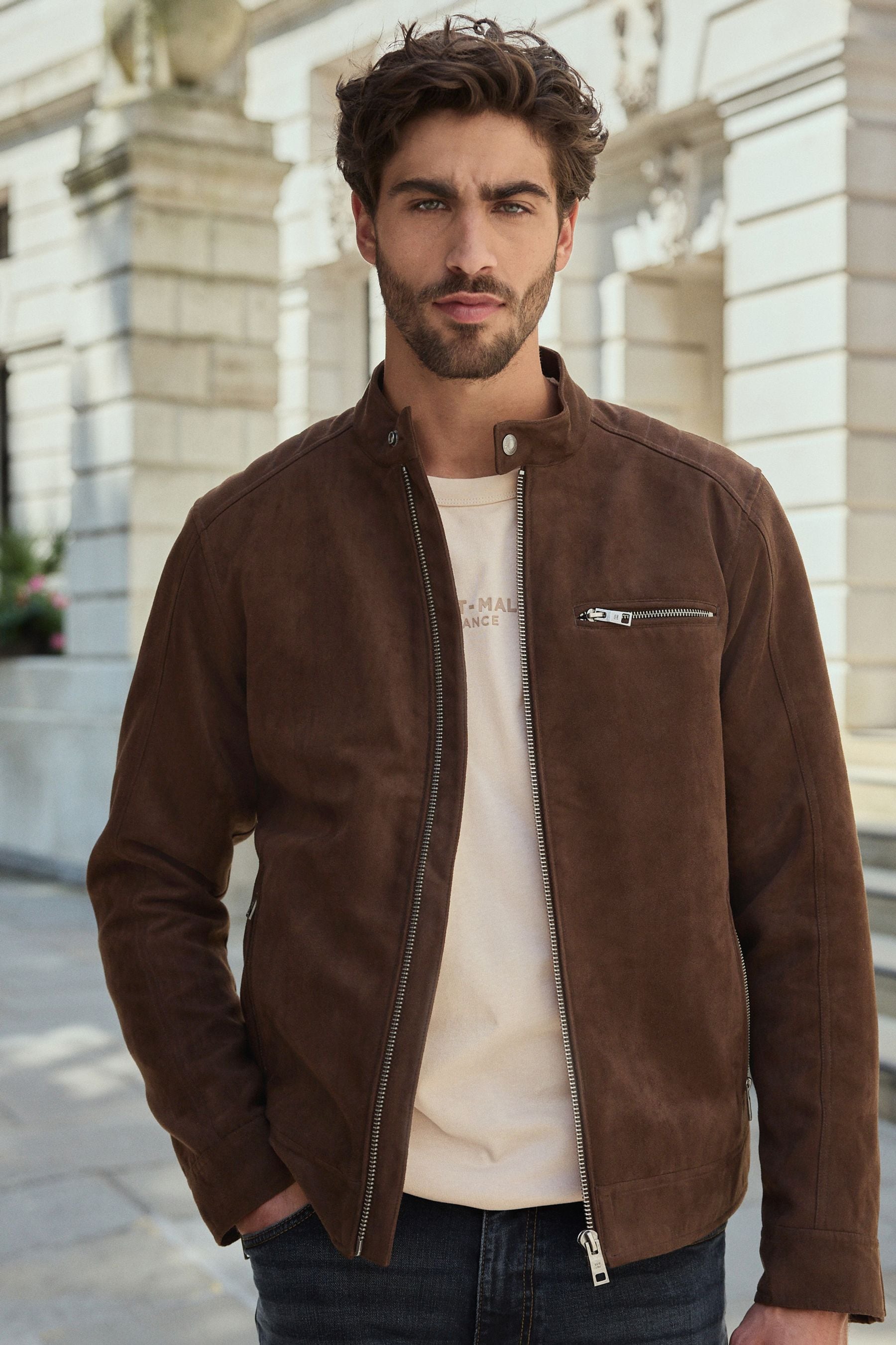 Buy Brown Faux Suede Borg Lined Biker Jacket from the Next UK online shop