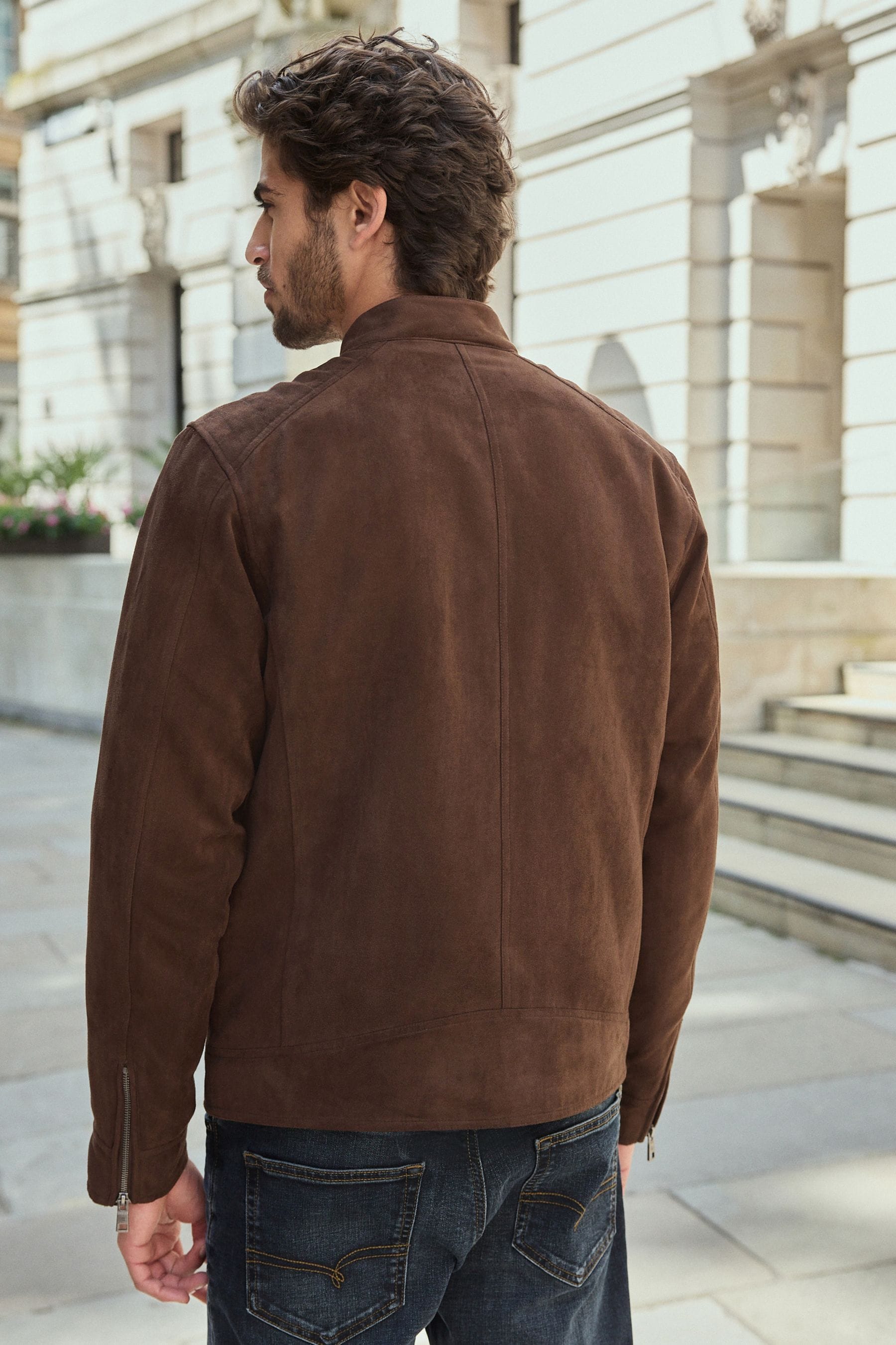 Buy Brown Faux Suede Borg Lined Biker Jacket from the Next UK online shop