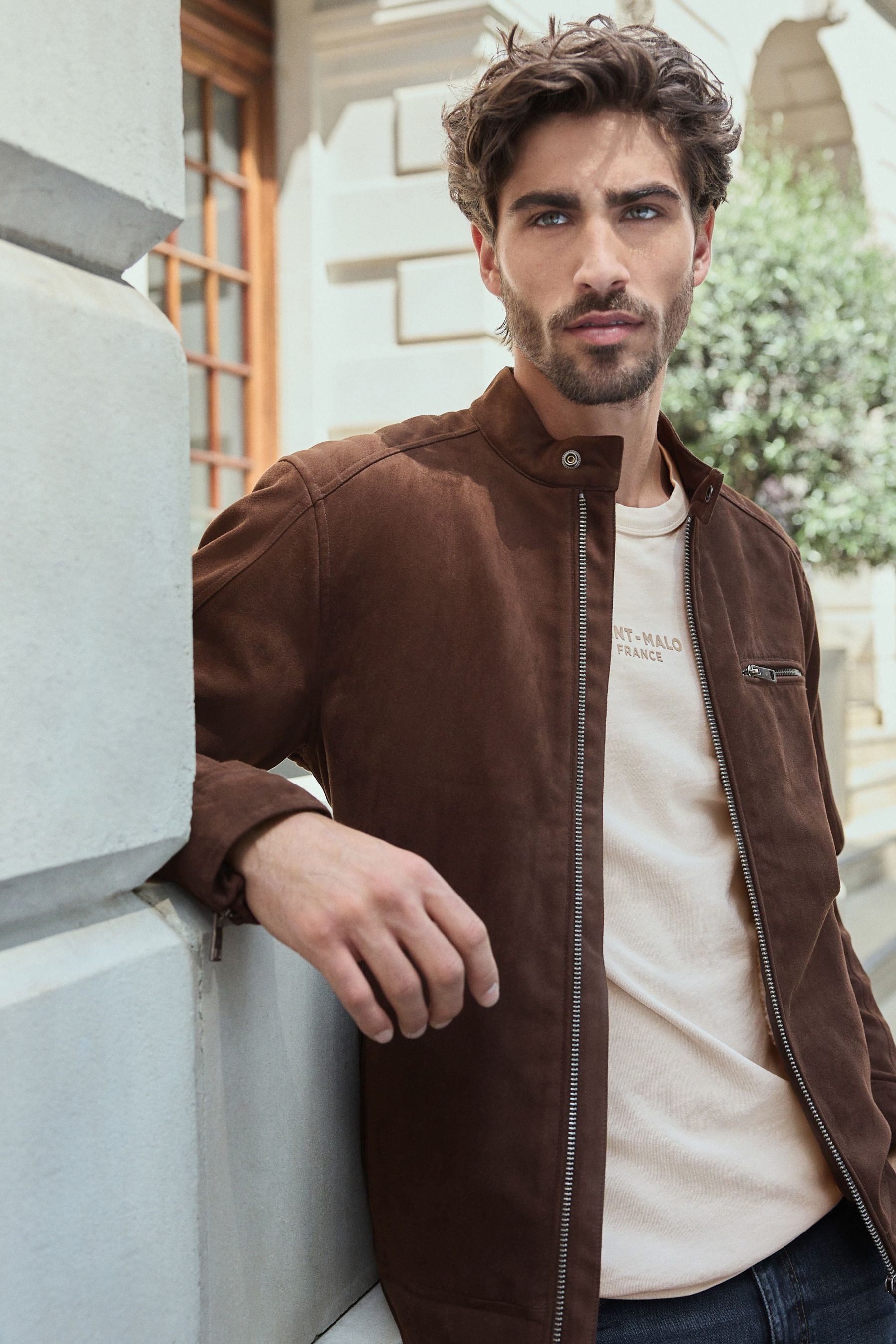 Buy Brown Faux Suede Borg Lined Biker Jacket from the Next UK online shop