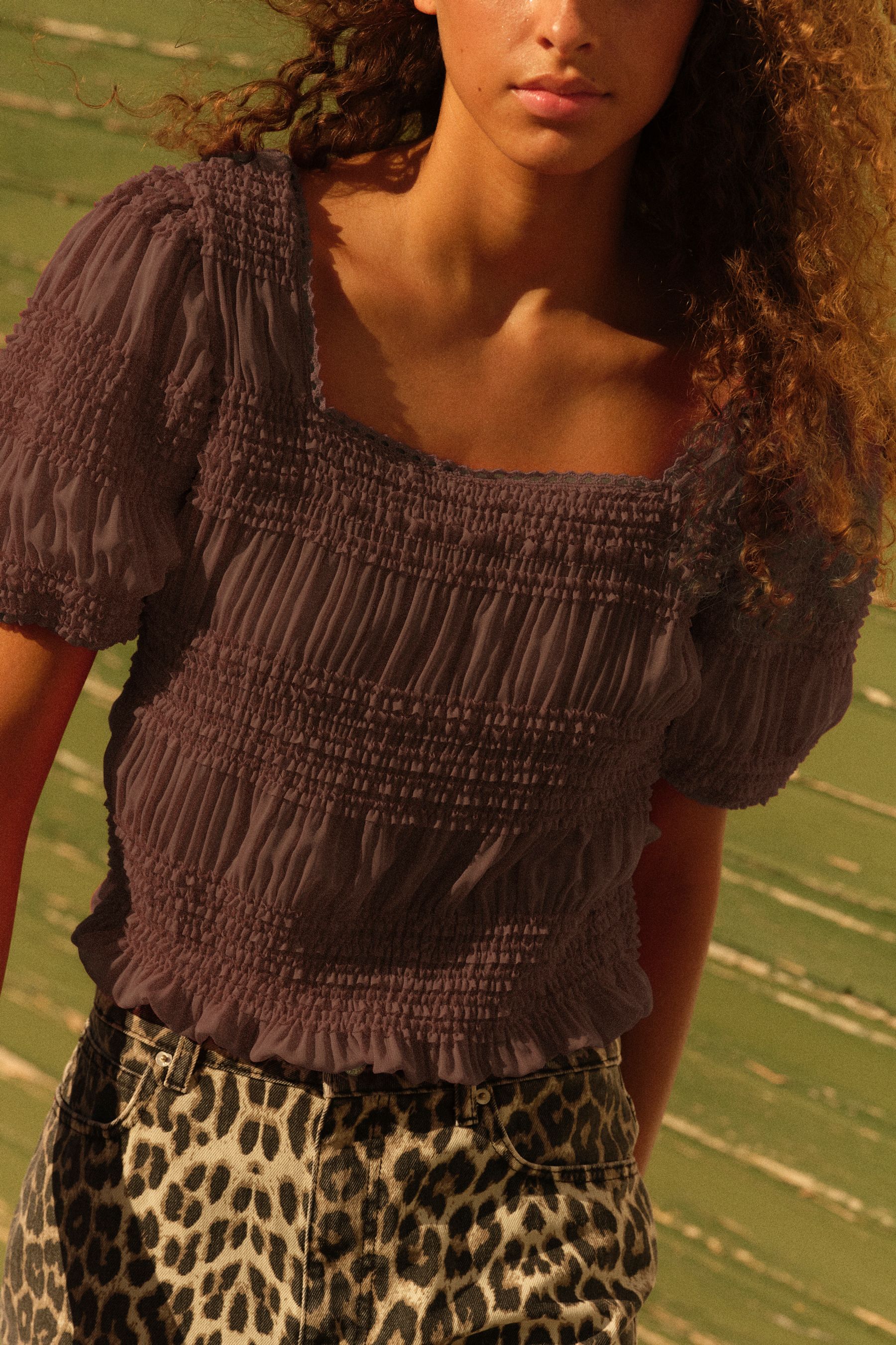 Buy Chocolate Brown Short Sleeve Smock Tie Back Top from the Next UK online shop