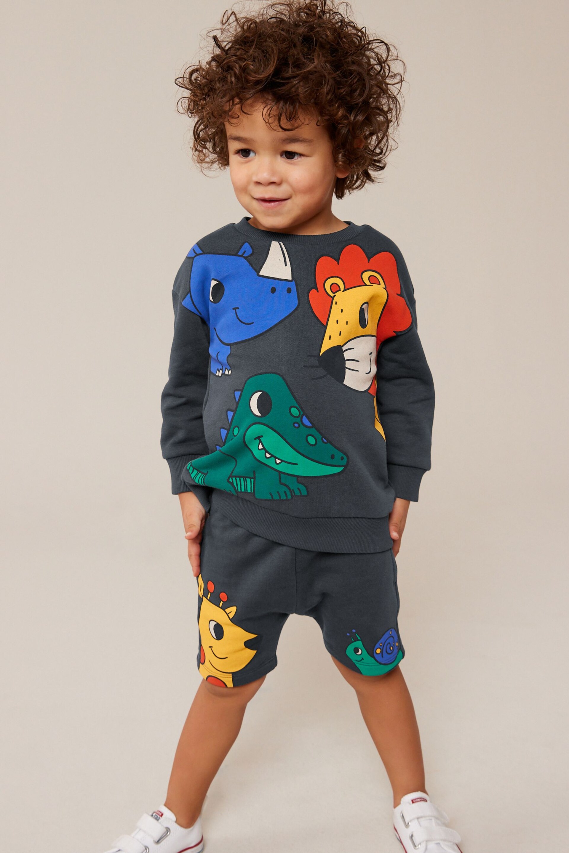 Charcoal Grey Animal Jersey Crew Neck Sweatshirt and Short Set (3mths-7yrs) (3mths-7yrs) - Image 1 of 8