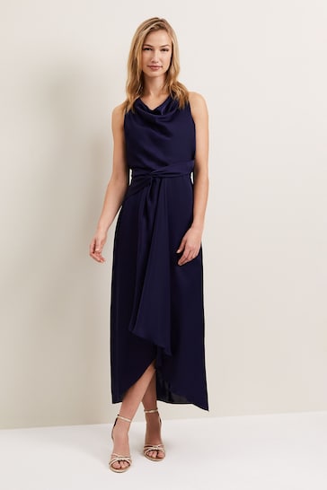 Phase Eight Blue Daliah High Neck Satin Midi Dress