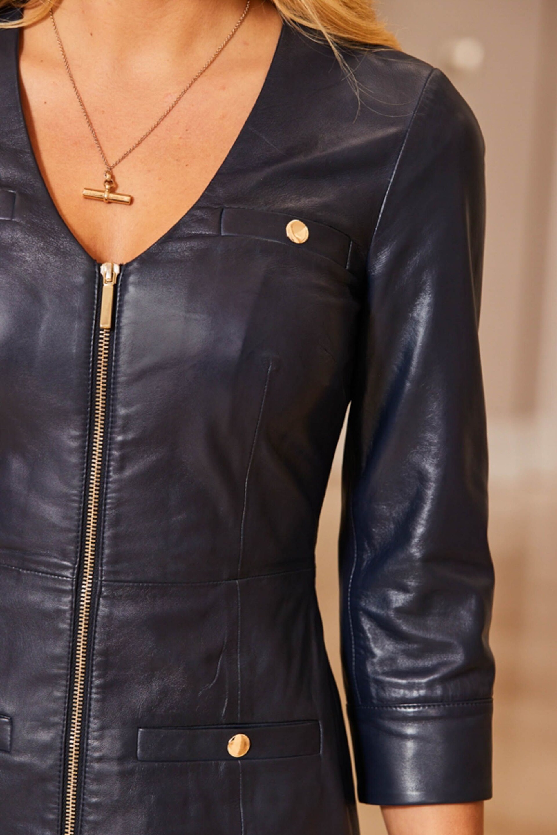 Sosandar Blue Leather Fit And Flare Dress With Gold Buttons - Image 5 of 5