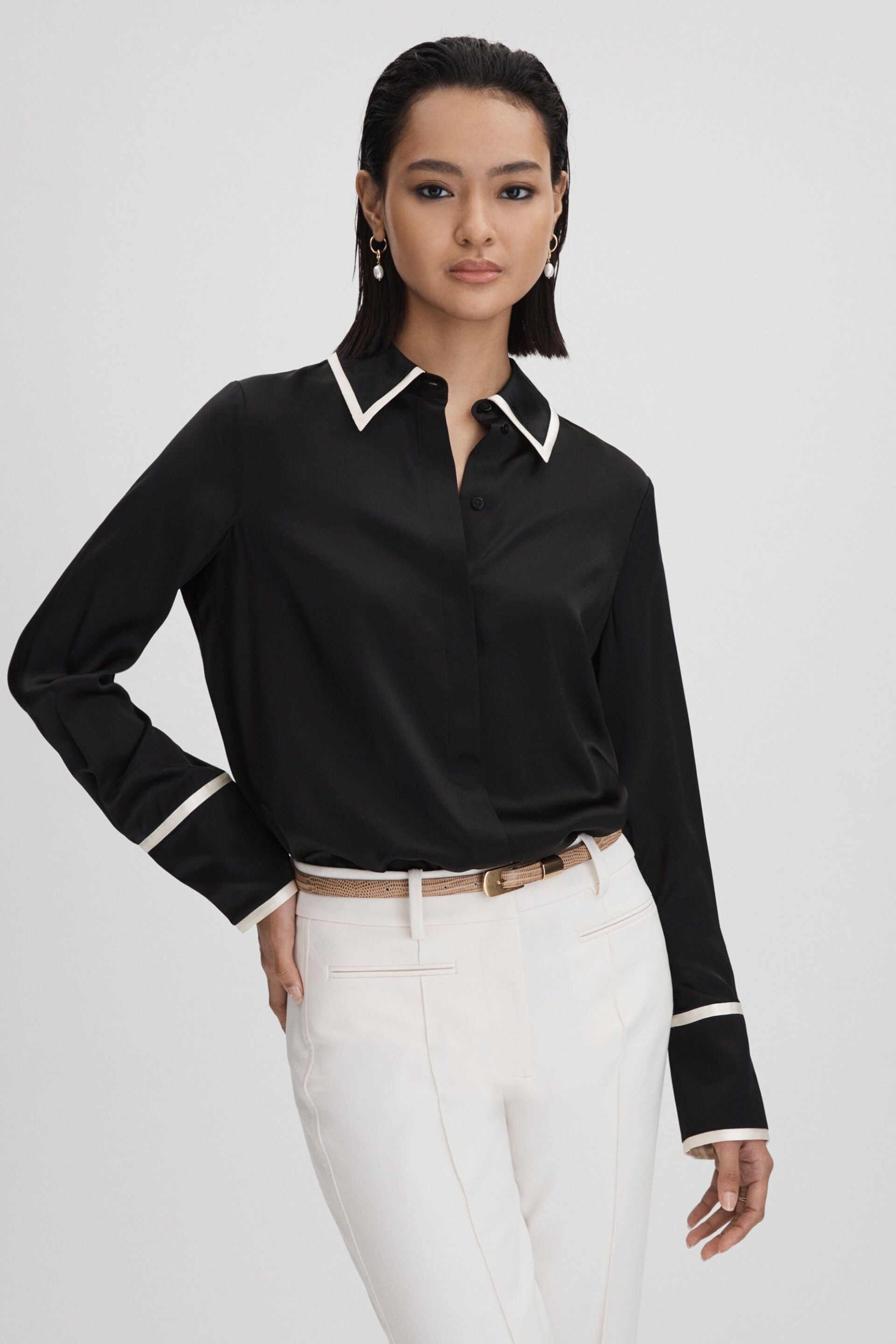 Reiss Black Murphy Silk Contrast Trim Button-Through Shirt - Image 1 of 5