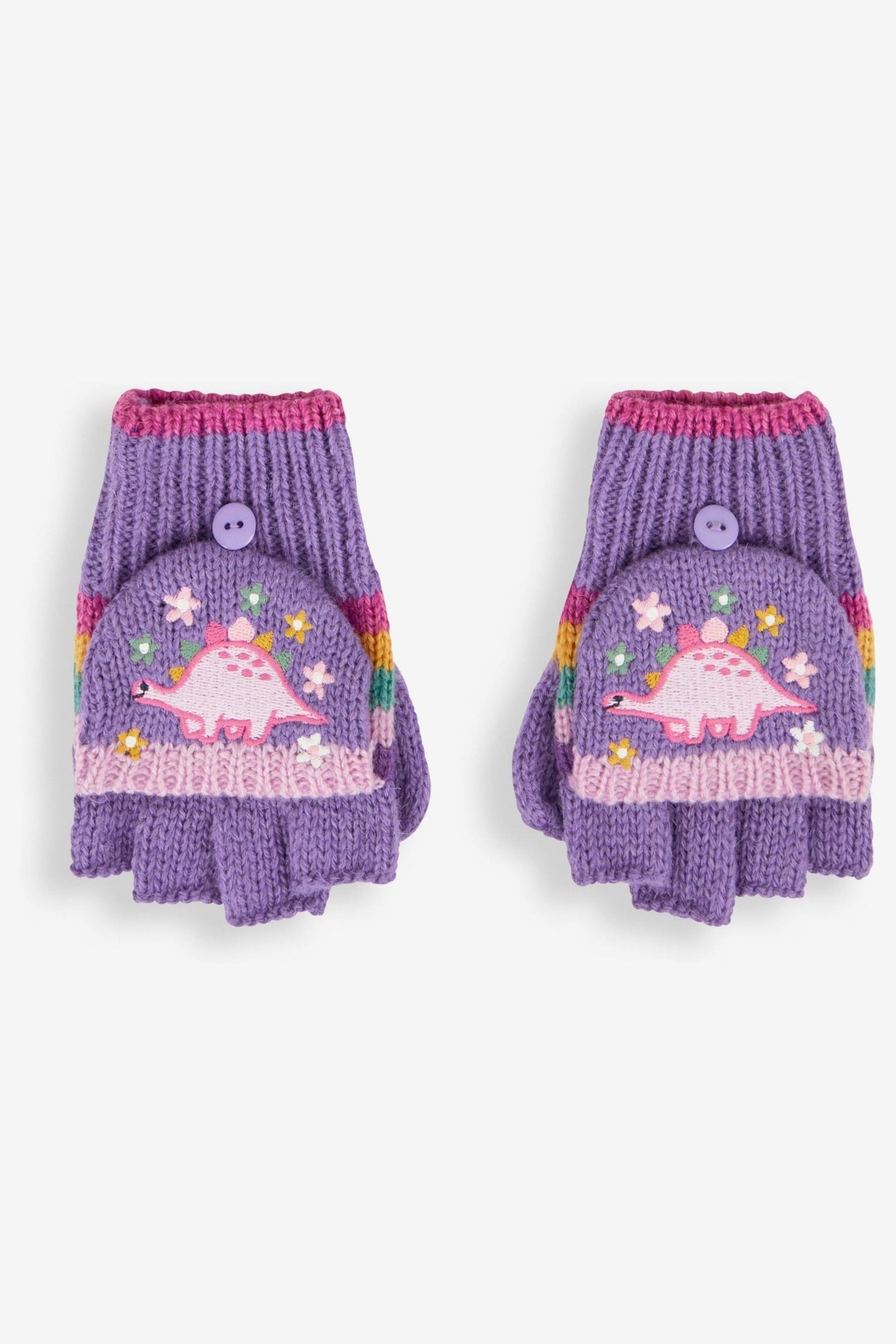 JoJo Maman Bébé Lilac Girls' Pretty Dinosaur Striped Gloves - Image 1 of 4