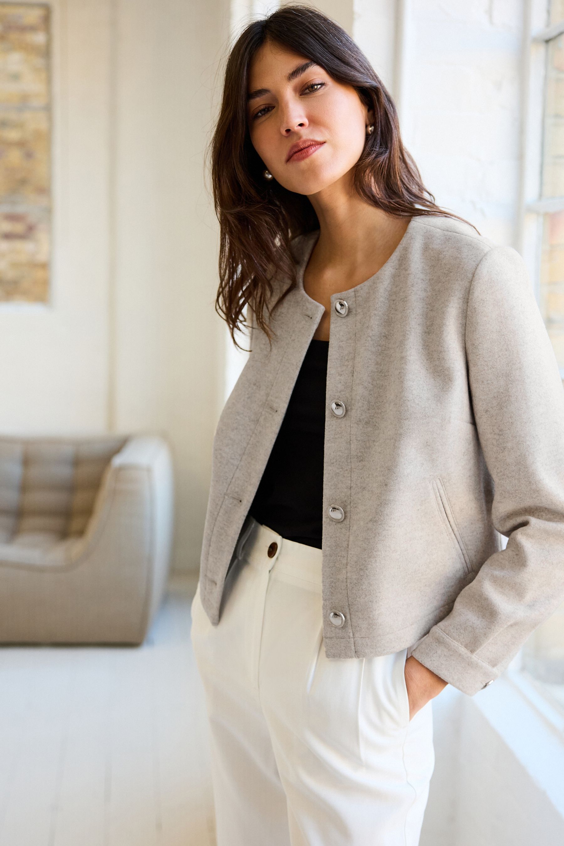 Collarless fleece jacket hotsell