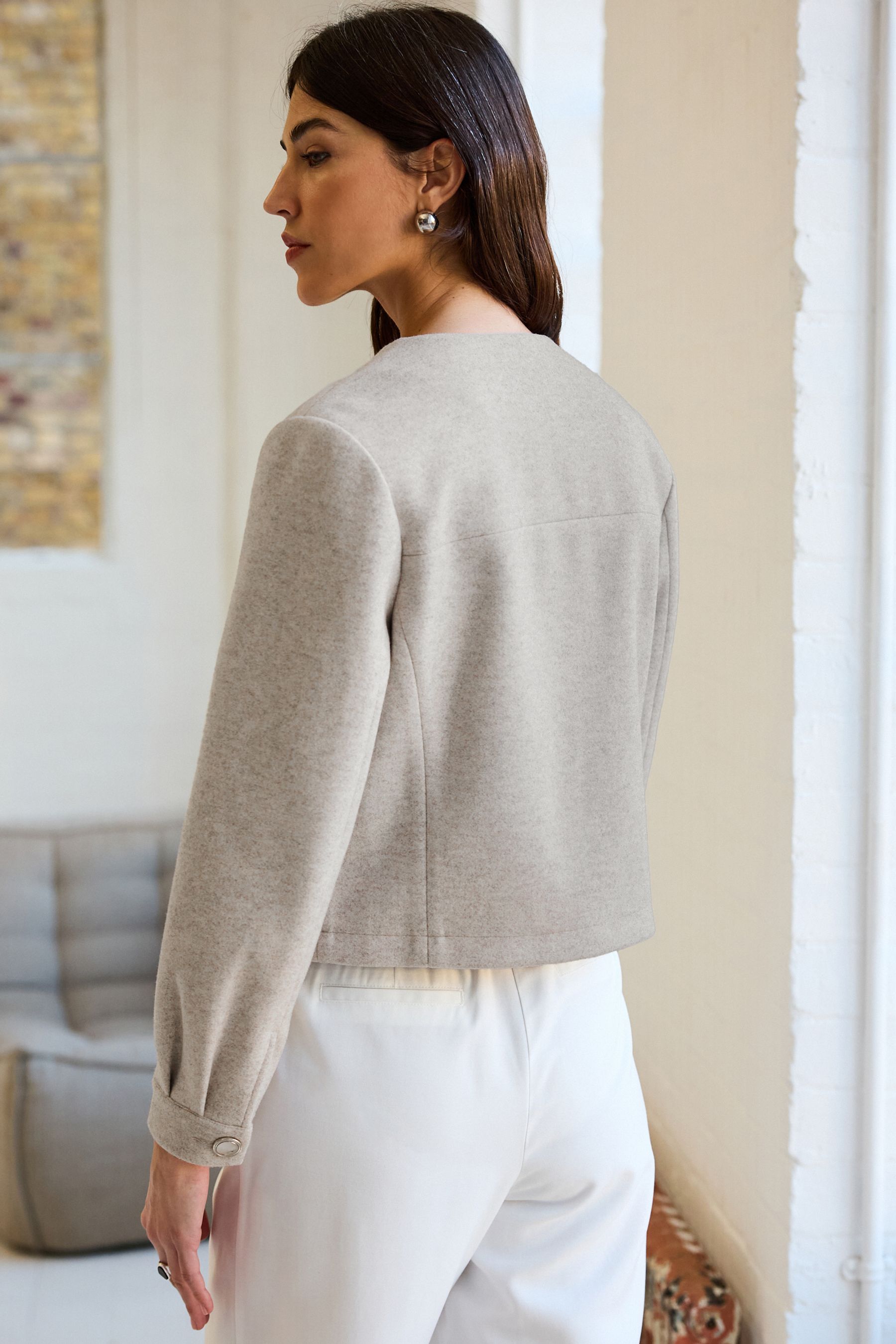 Collarless fleece jacket hotsell
