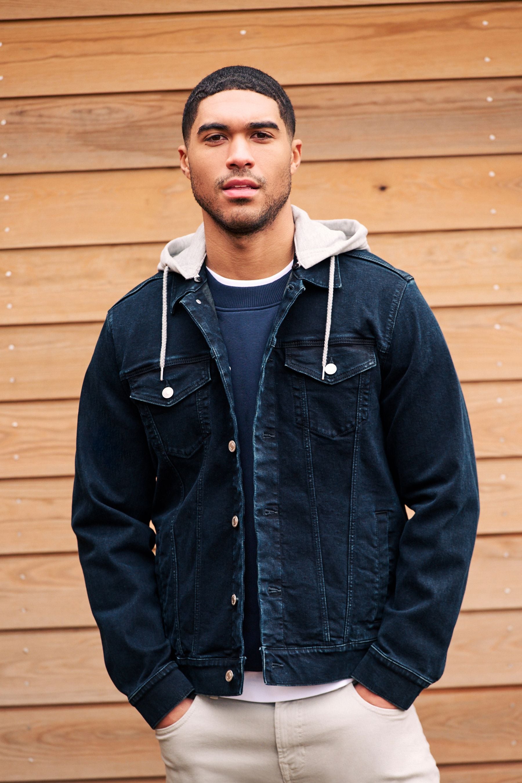 Buy Blue Denim Jacket with Grey Jersey Hood from Next Luxembourg