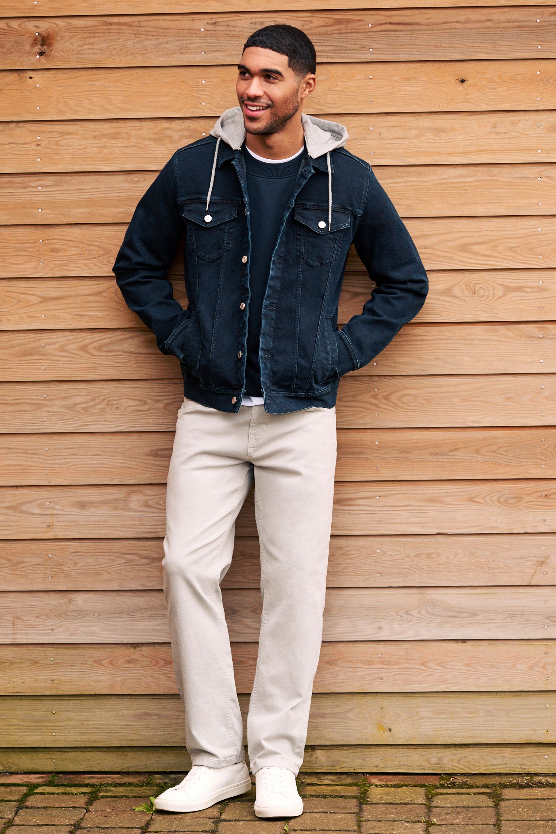 Buy Blue Denim Jacket with Grey Jersey Hood from Next Luxembourg