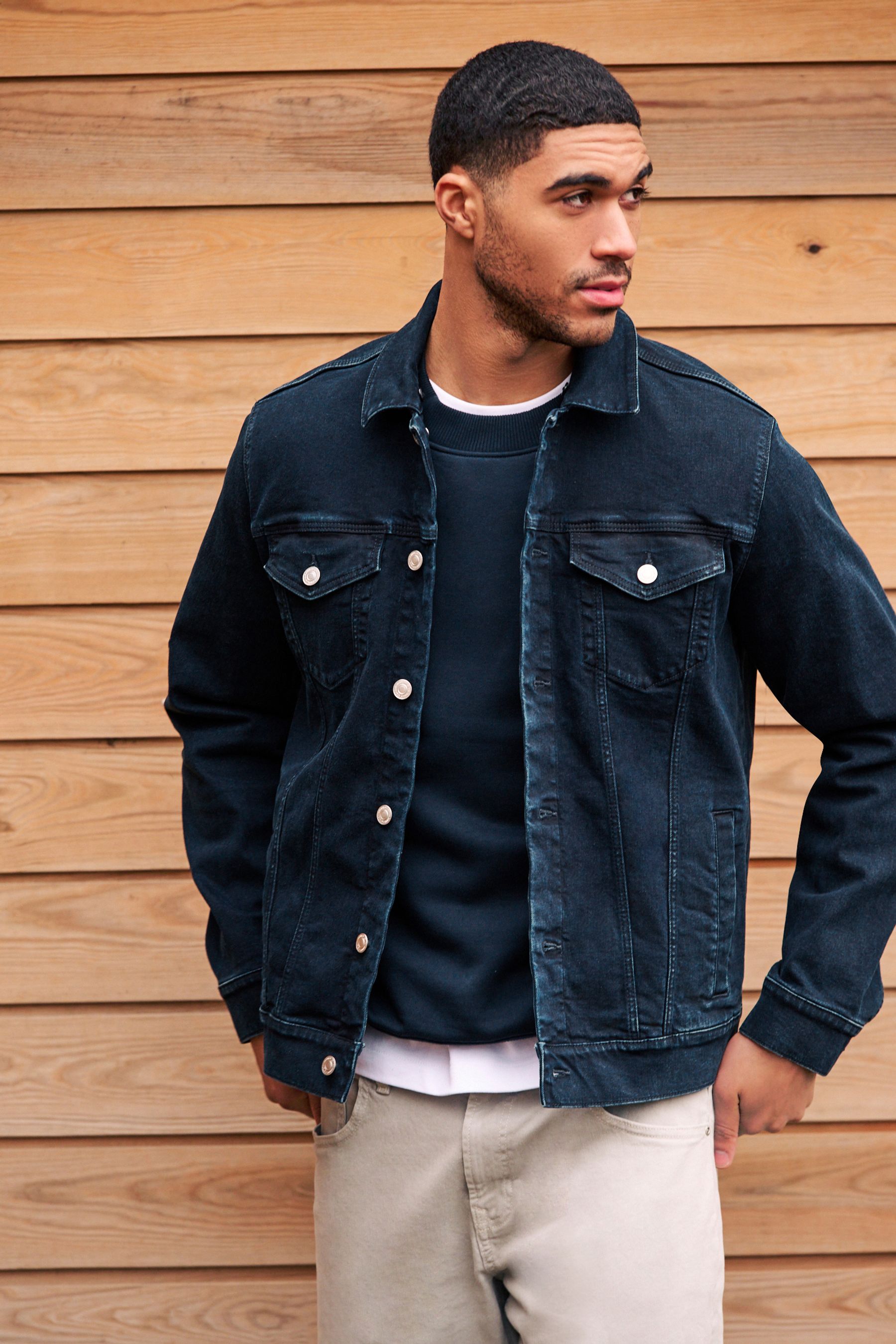 Buy Blue Denim Jacket with Grey Jersey Hood from Next Luxembourg