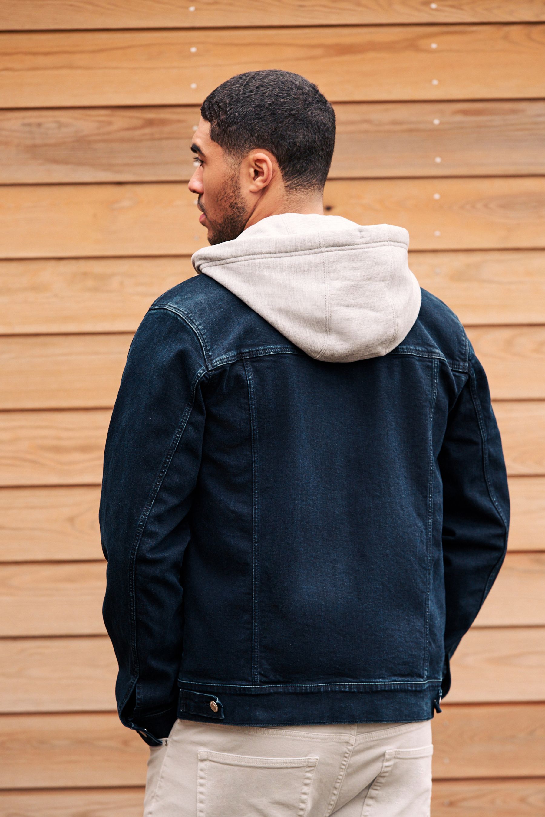 Buy Blue Denim Jacket with Grey Jersey Hood from Next Luxembourg