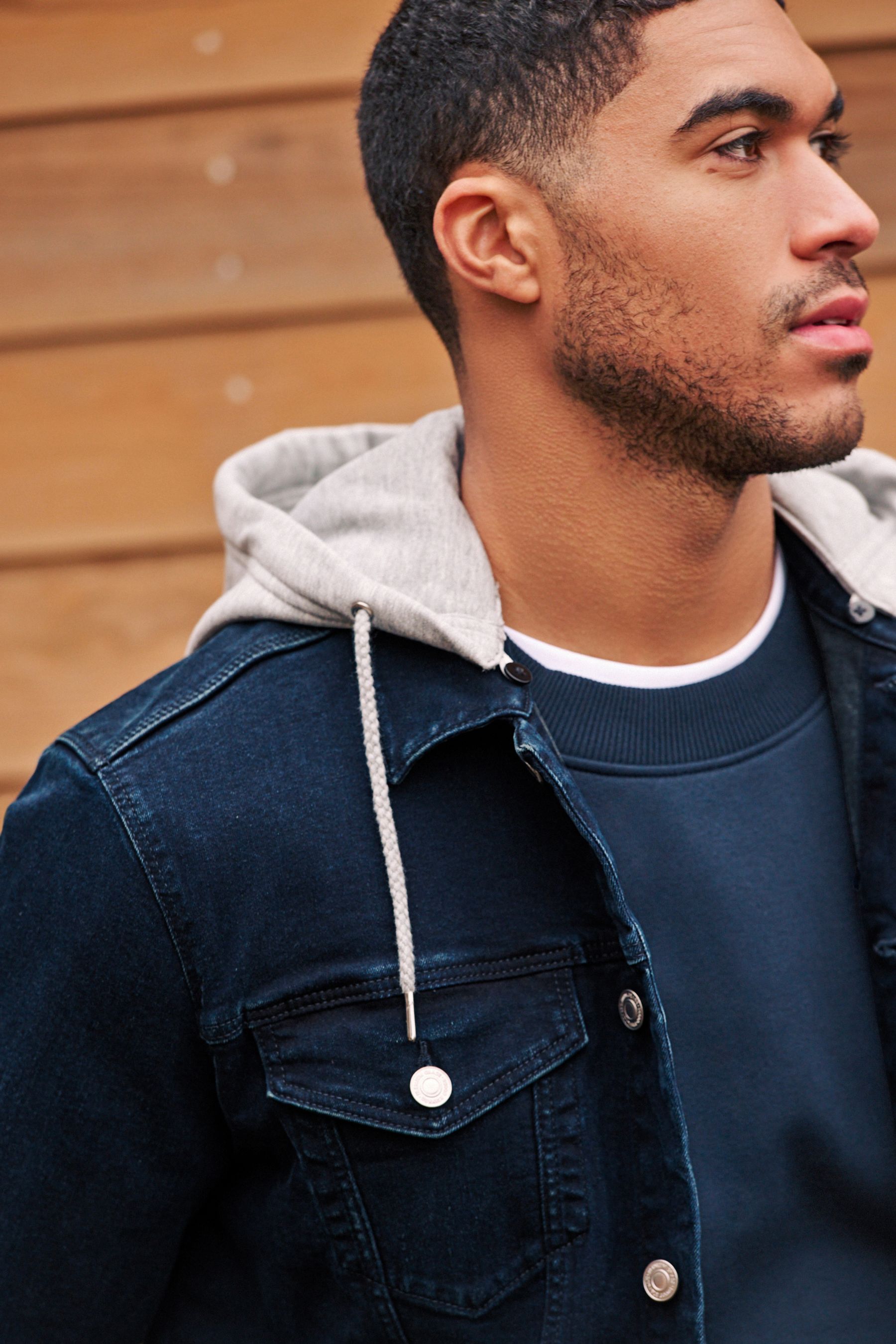 Buy Blue Denim Jacket with Grey Jersey Hood from Next Luxembourg