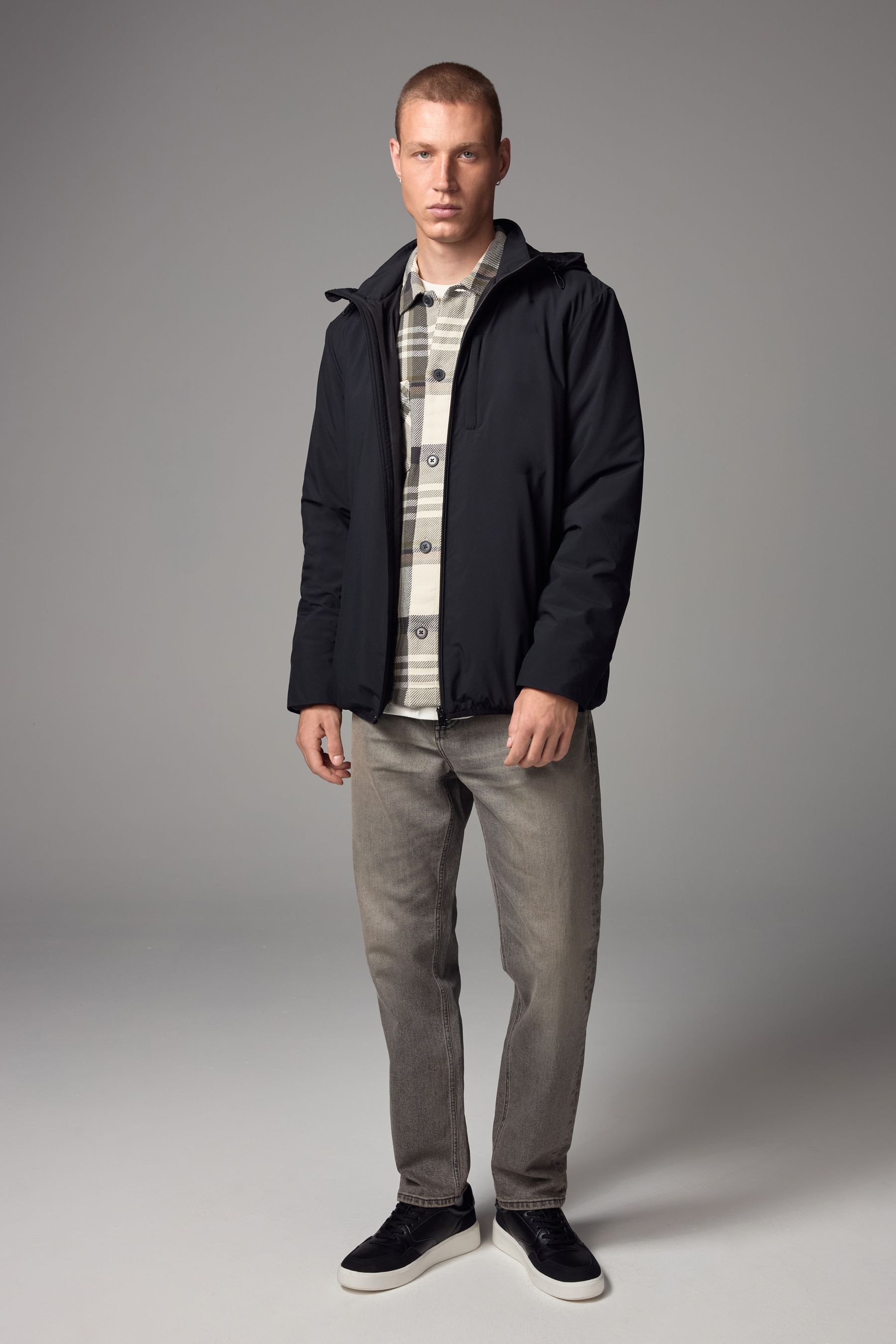 Black thin jacket with hood clearance