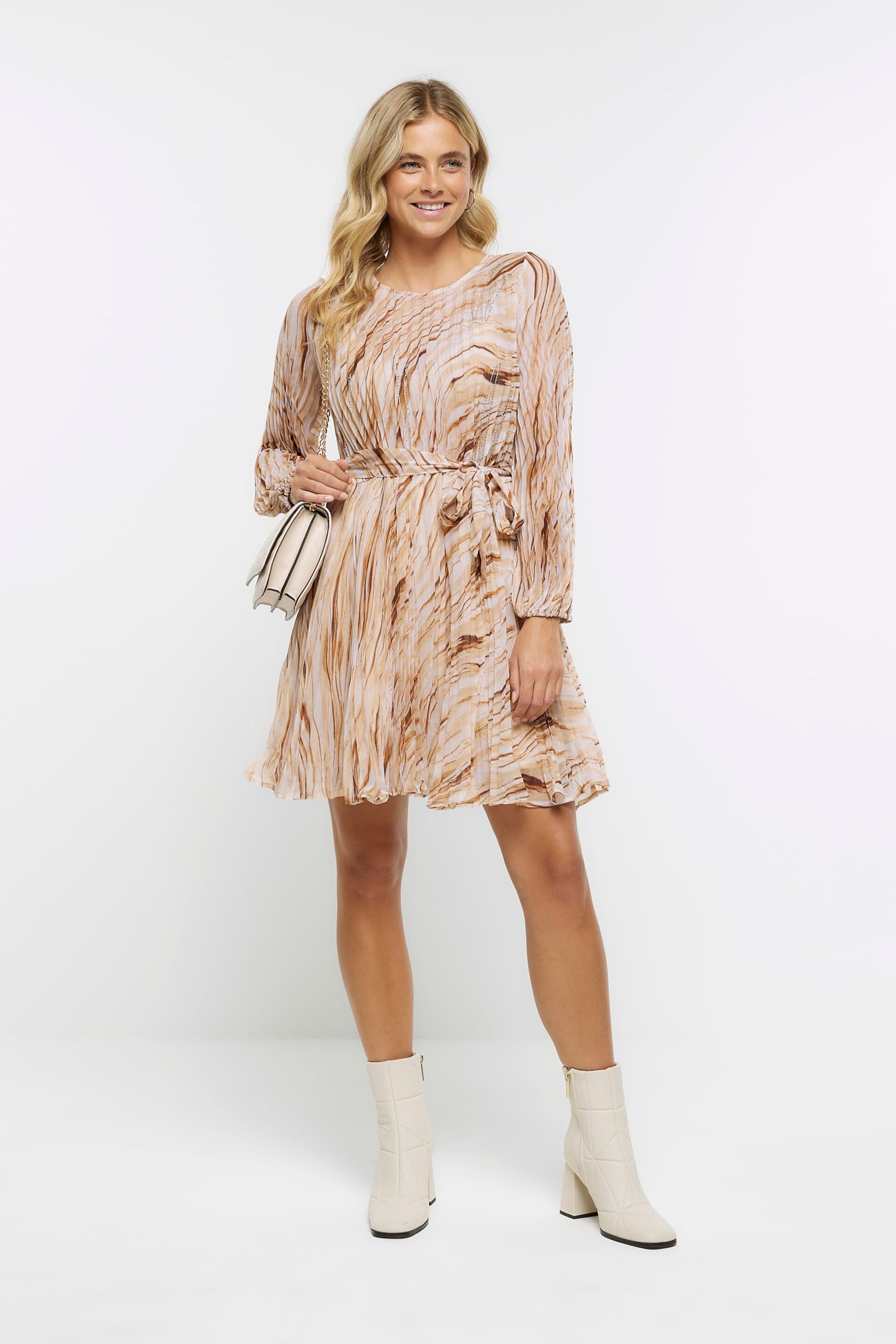 River Island Brown Plisse Tied Mini Dress - Image 3 of 4