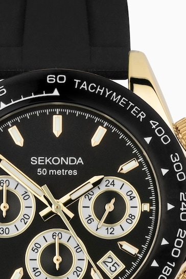 Sekonda Mens Circuit 39mm Analogue Black Watch With Gold Case And Silicone Strap With Dial