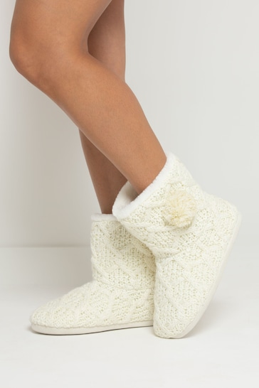 Pour Moi Cream Cable Knit Faux Fur Lined Bootie Slippers
