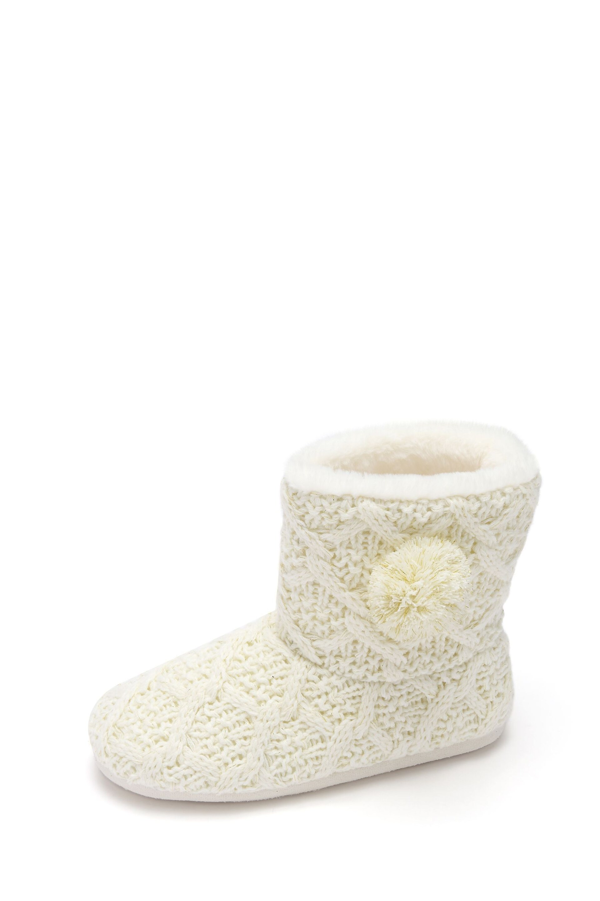 Pour Moi Cream Cable Knit Faux Fur Lined Bootie Slippers - Image 3 of 3