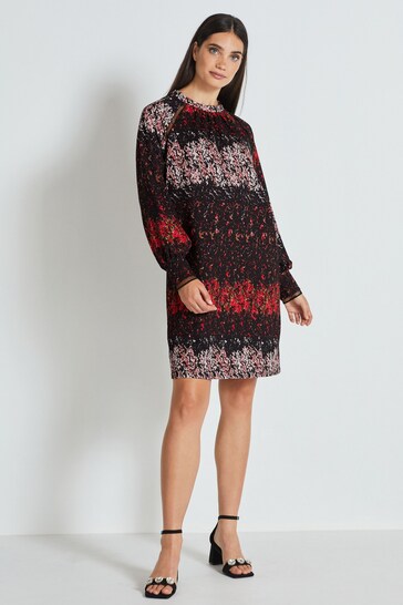 Black and Red Ditsy Long Sleeve Ladder Detail Mini Dress