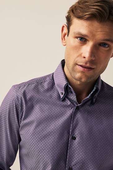 Purple Double Collar Regular Fit Trimmed Formal Shirt