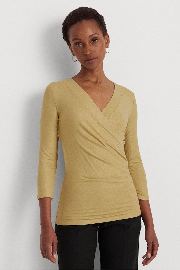 Lauren Ralph Lauren Yellow Metallic Jersey Surplice Top - Image 1 of 9