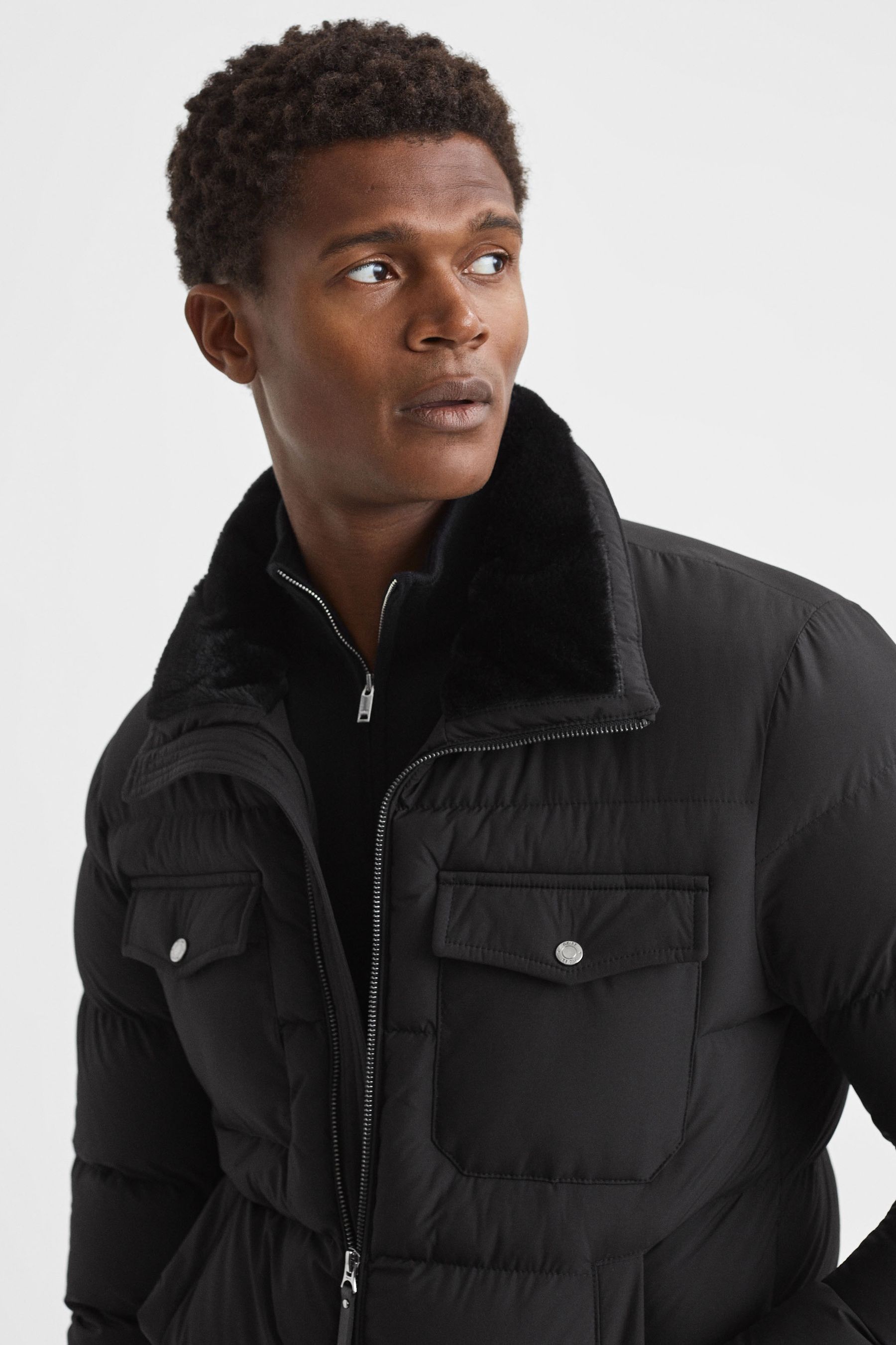 Black padded faux fur jacket sales