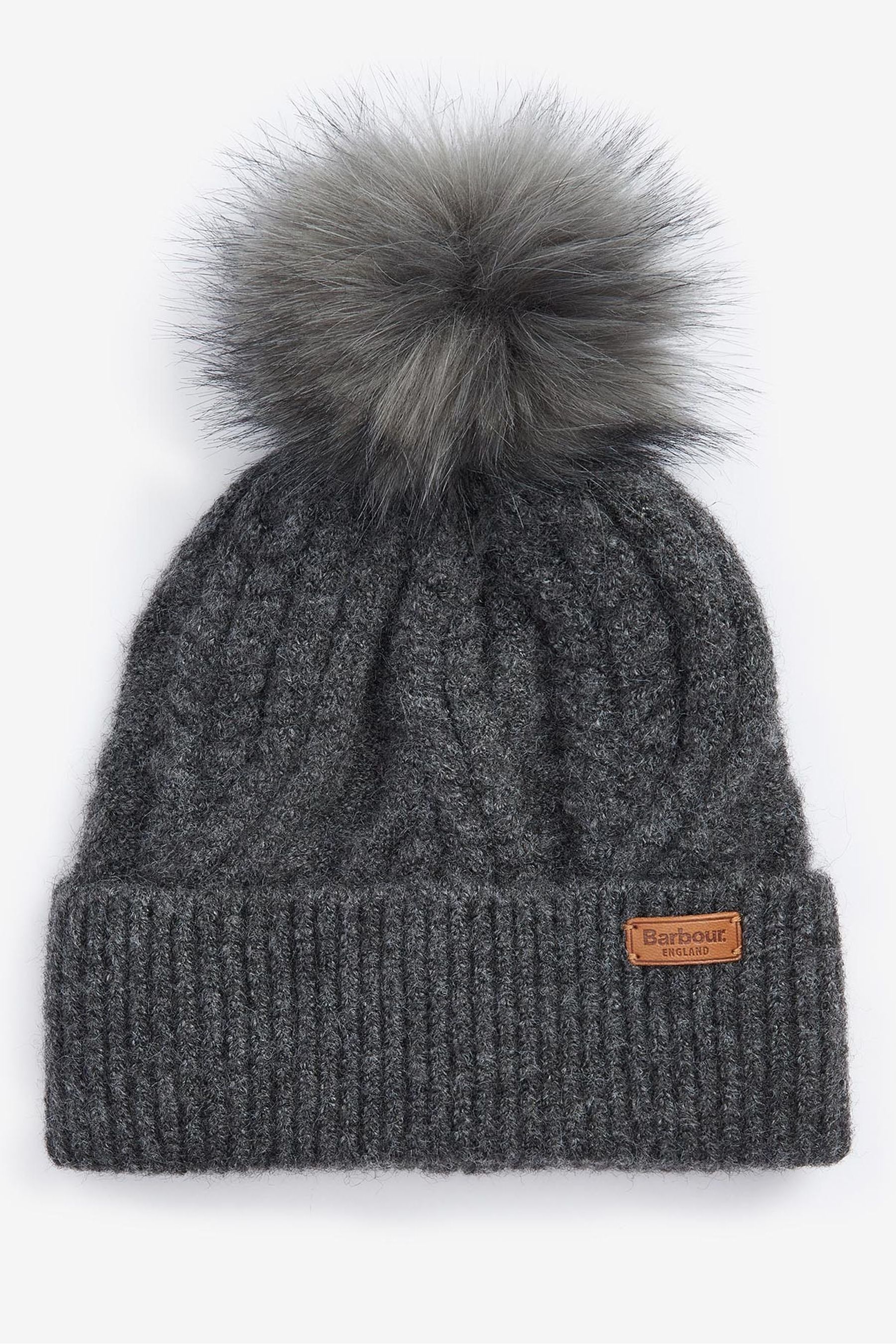 Buy Barbour Dark Grey Cable Knit Faux Fur Pom Beanie Logo Hat from Next Malta