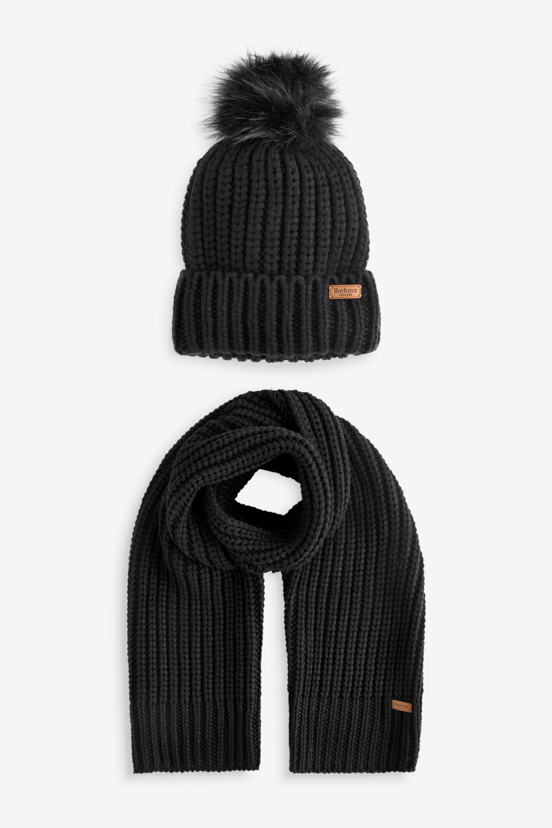 Buy Barbour Black Saltburn Cable Knit Pom Beanie Hat and Scarf Boxed Gift Set from the Next UK online shop