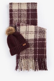 Barbour® Burgundy Red Saltburn Beanie and Chunky Tartan Scarf Gift Set - Image 1 of 4