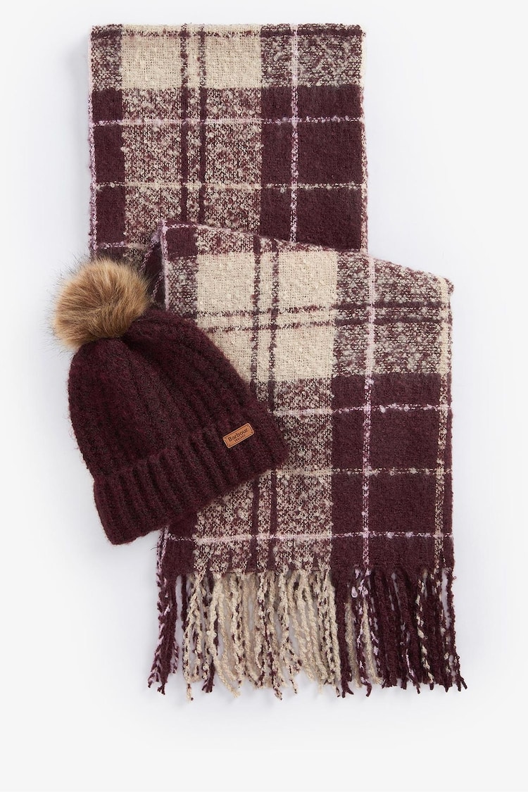 Barbour® Burgundy Red Saltburn Beanie and Chunky Tartan Scarf Gift Set - Image 1 of 4