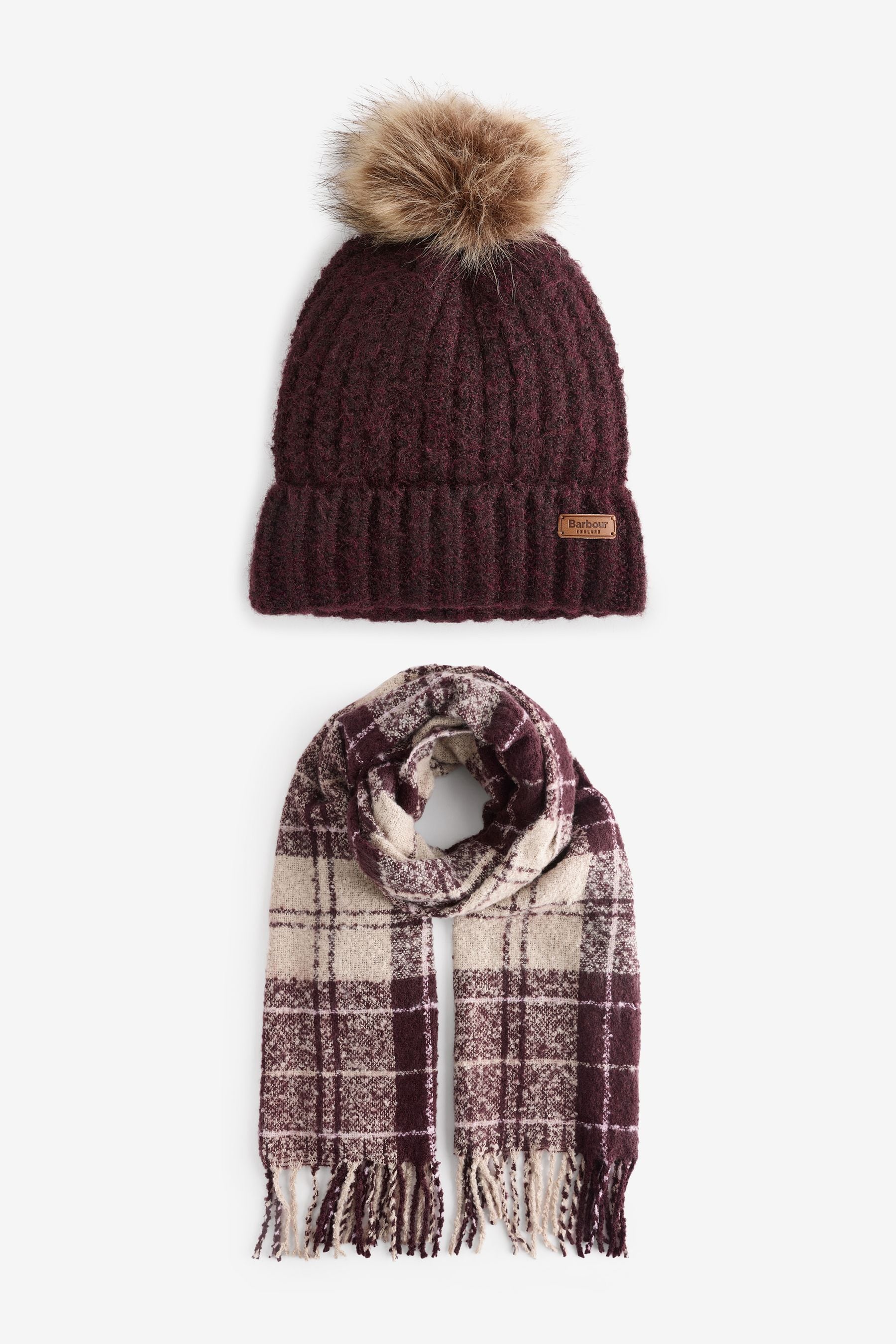 Buy Barbour Burgundy Red Saltburn Knit Beanie Hat and Chunky Tartan Scarf Boxed Gift Set from the Next UK online shop