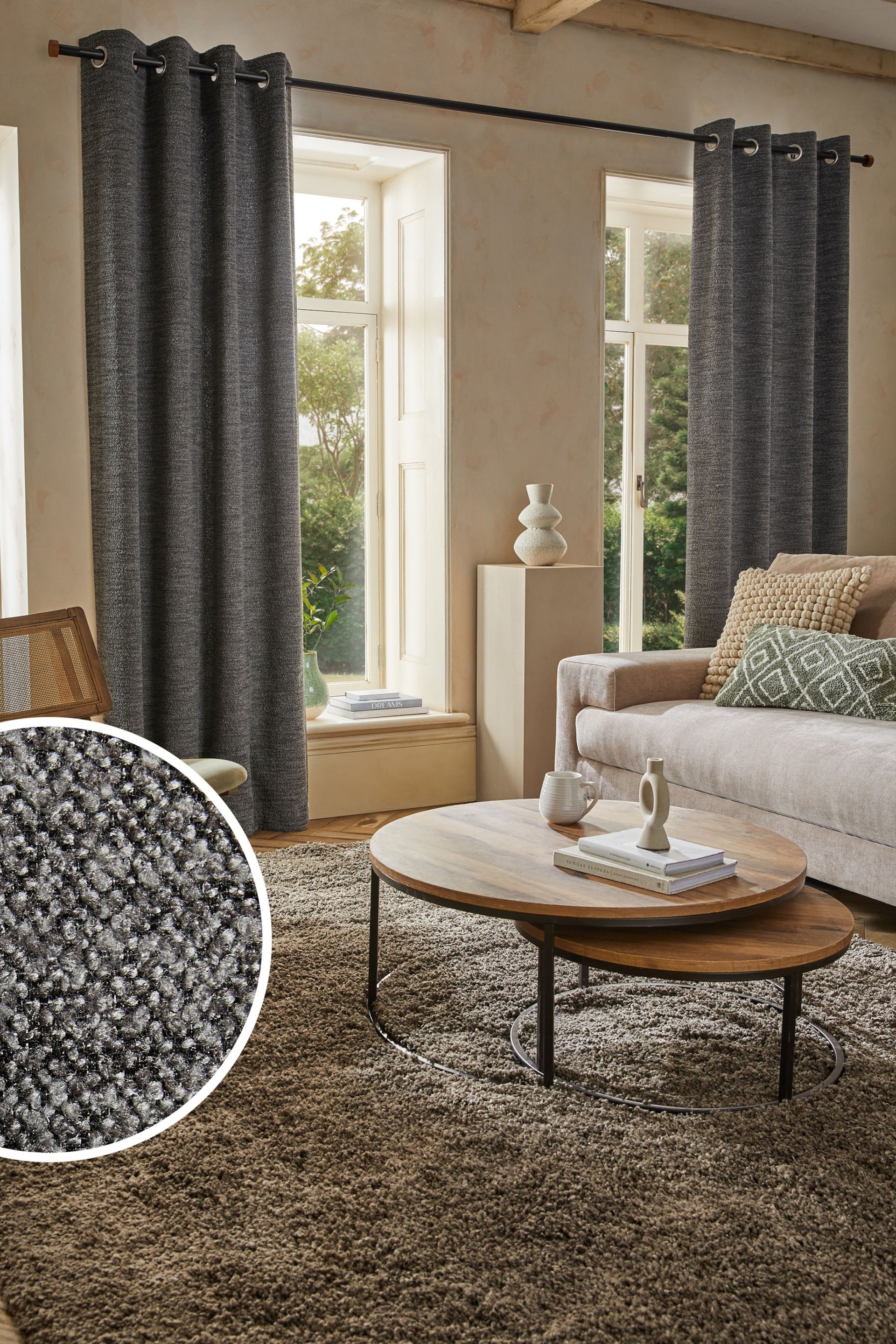 Charcoal Grey Bouclé Textured Lined Curtains - Image 1 of 6