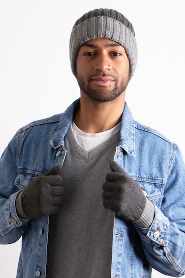 Totes Grey Mens Chunky Knitted Hat & Gloves Set