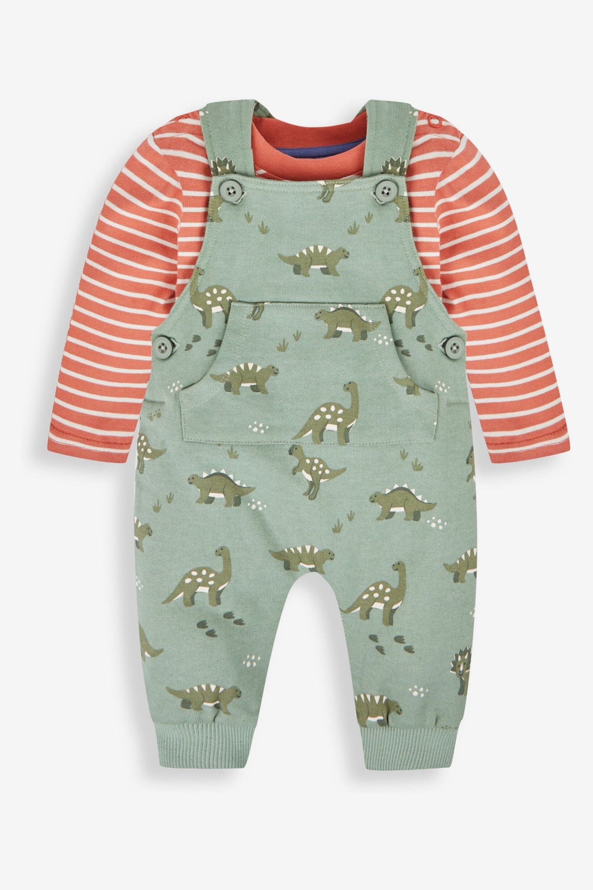 JoJo Maman Bébé Khaki Green Dino Dungarees & Stripe Top Set - Image 1 of 5