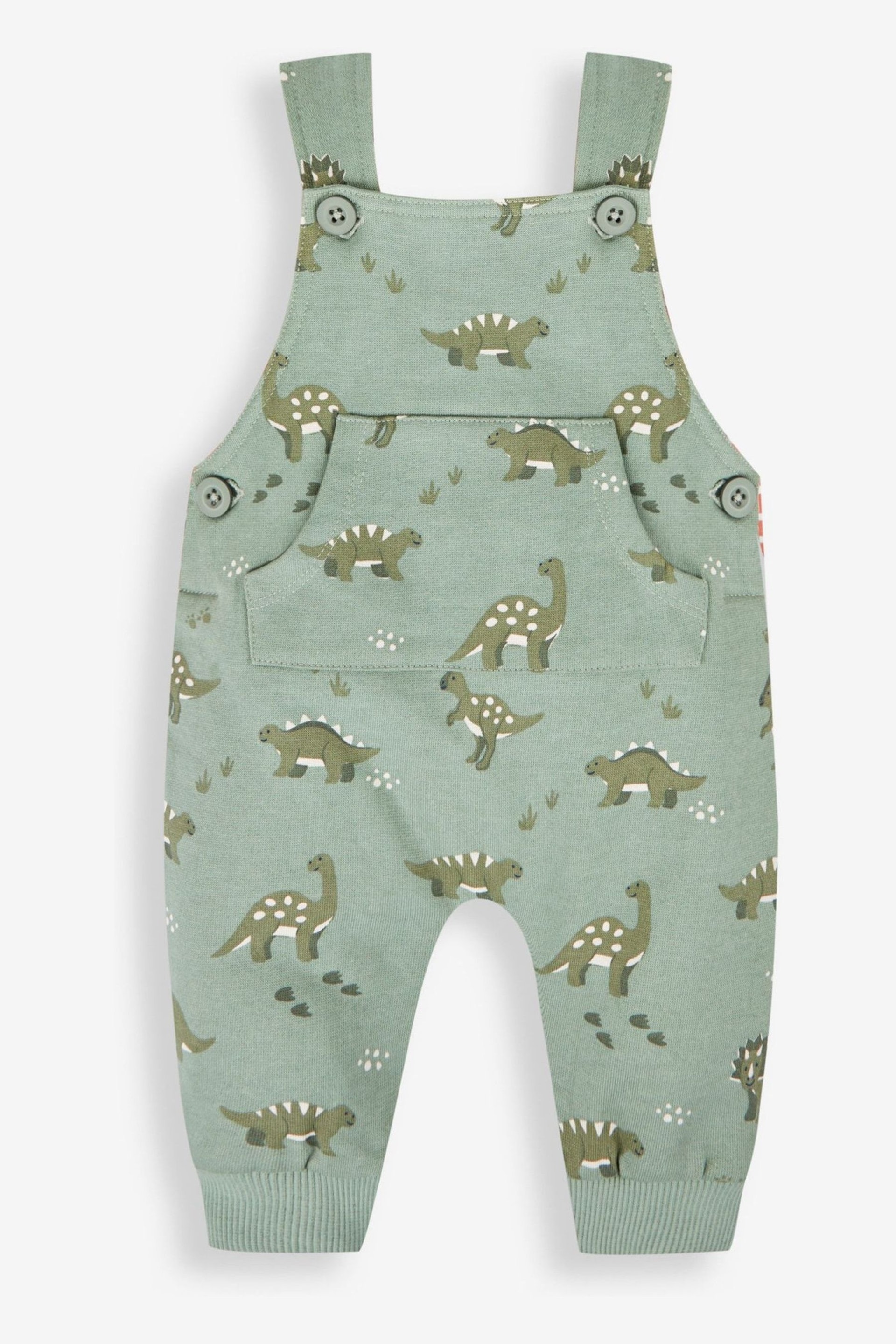 JoJo Maman Bébé Khaki Green Dino Dungarees & Stripe Top Set - Image 2 of 5