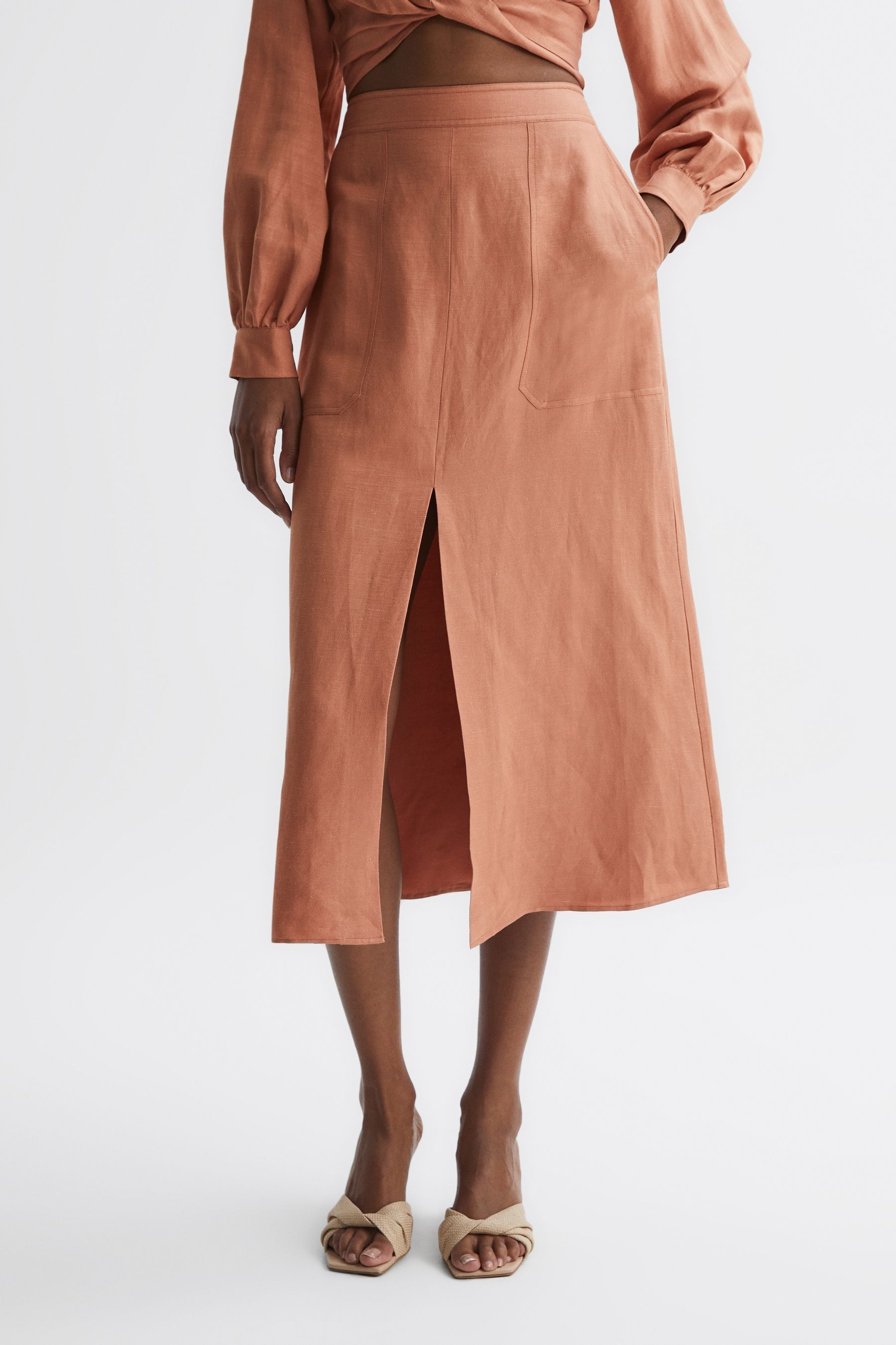 Reiss Rust Axelle Linen High Rise Skirt