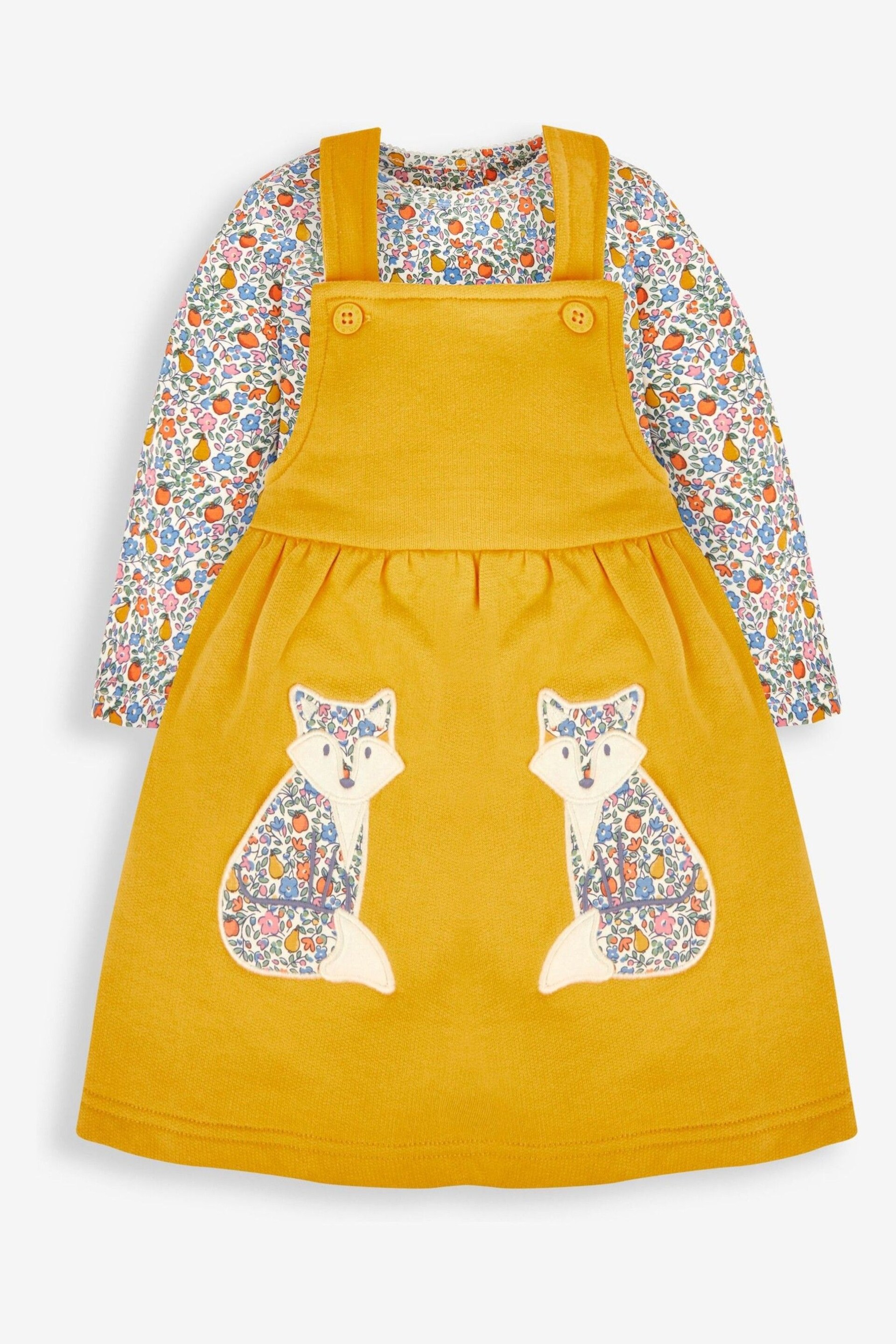 JoJo Maman Bébé Mustard Yellow Fox Girls' 2-Piece Appliqué Pinafore Dress & Top Set - Image 1 of 6