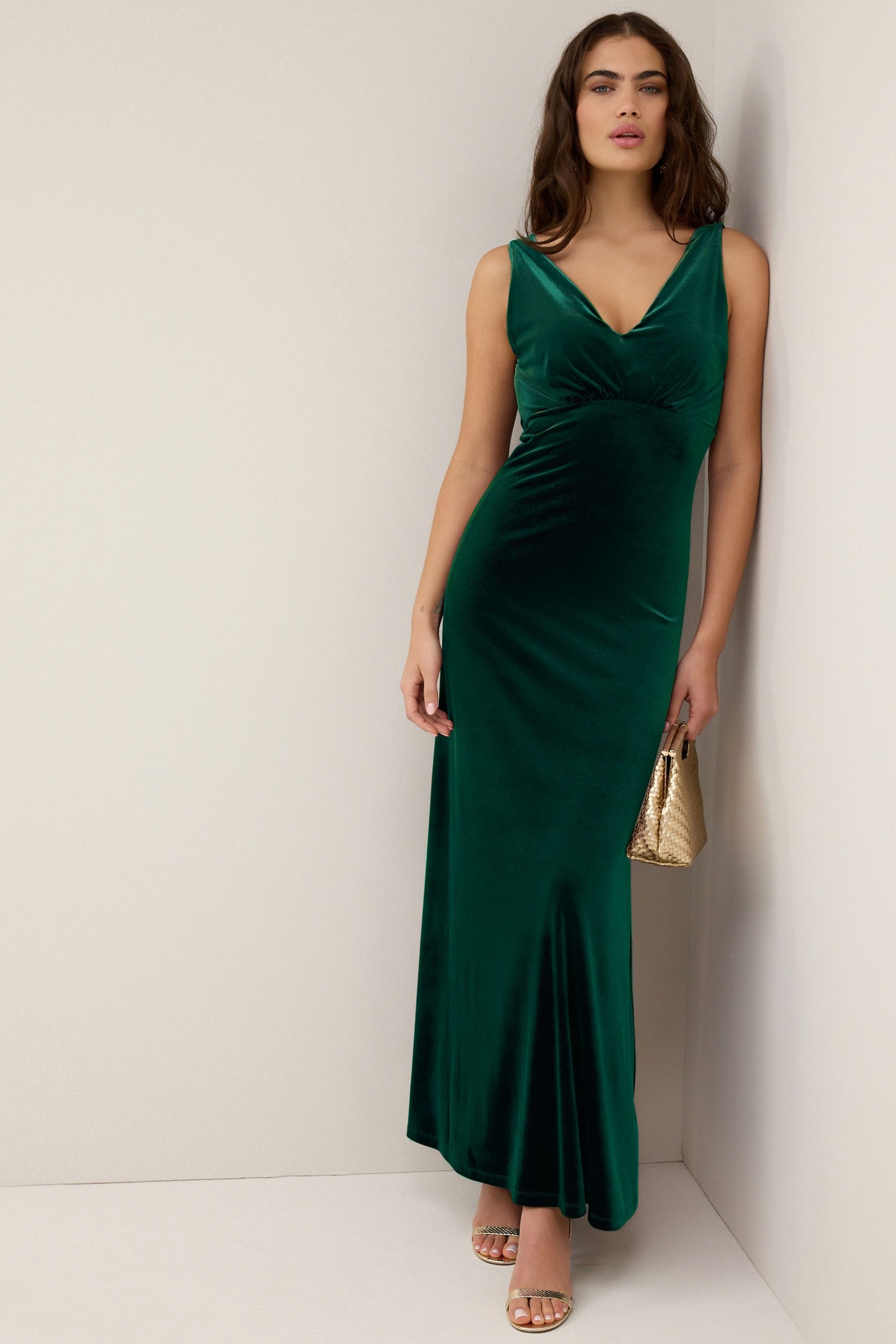 Emerald Green V Neck Velvet Maxi Dress