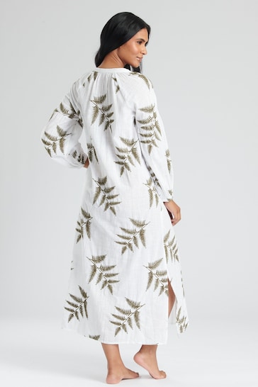 South Beach White Longsleeve Tie Neck Beach Dress with Leaf Embroidery