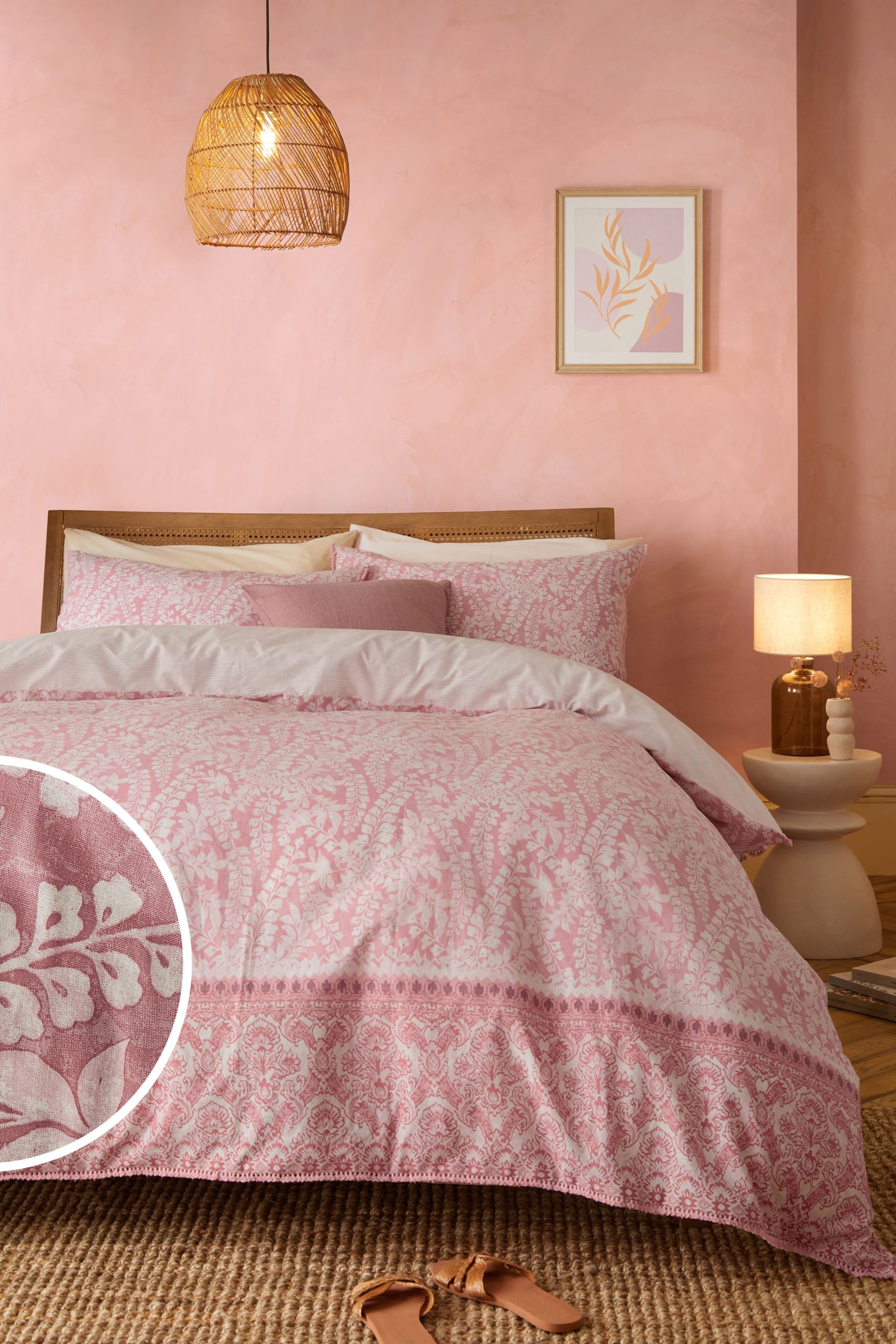 Pink Woodblock Reversible 100% Cotton Duvet Cover and Pillowcase Set - Image 1 of 8