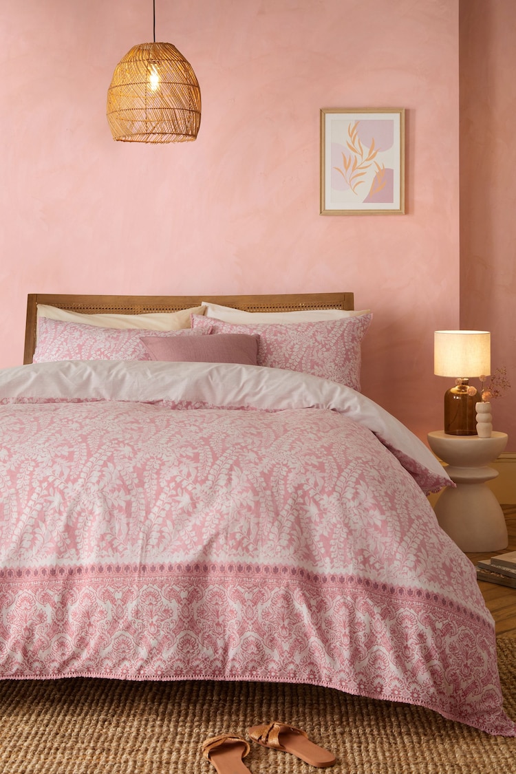 Pink Woodblock Reversible 100% Cotton Duvet Cover and Pillowcase Set - Image 2 of 8