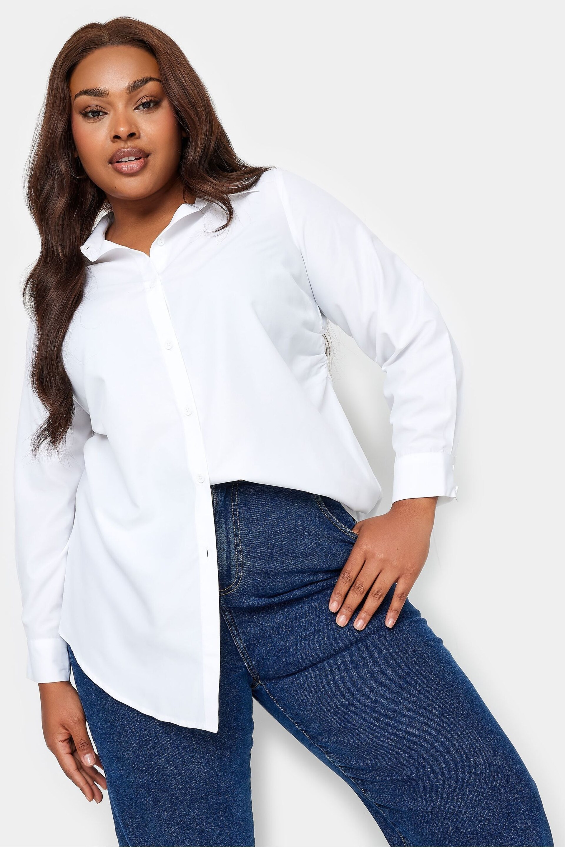 Yours Curve White Long Sleeve Ruched Shirt - Image 3 of 4