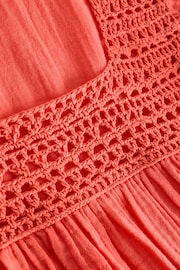 Coral Pink 100% Cotton Square Neck Crochet Flutter Sleeve Mini Dress - Image 7 of 7